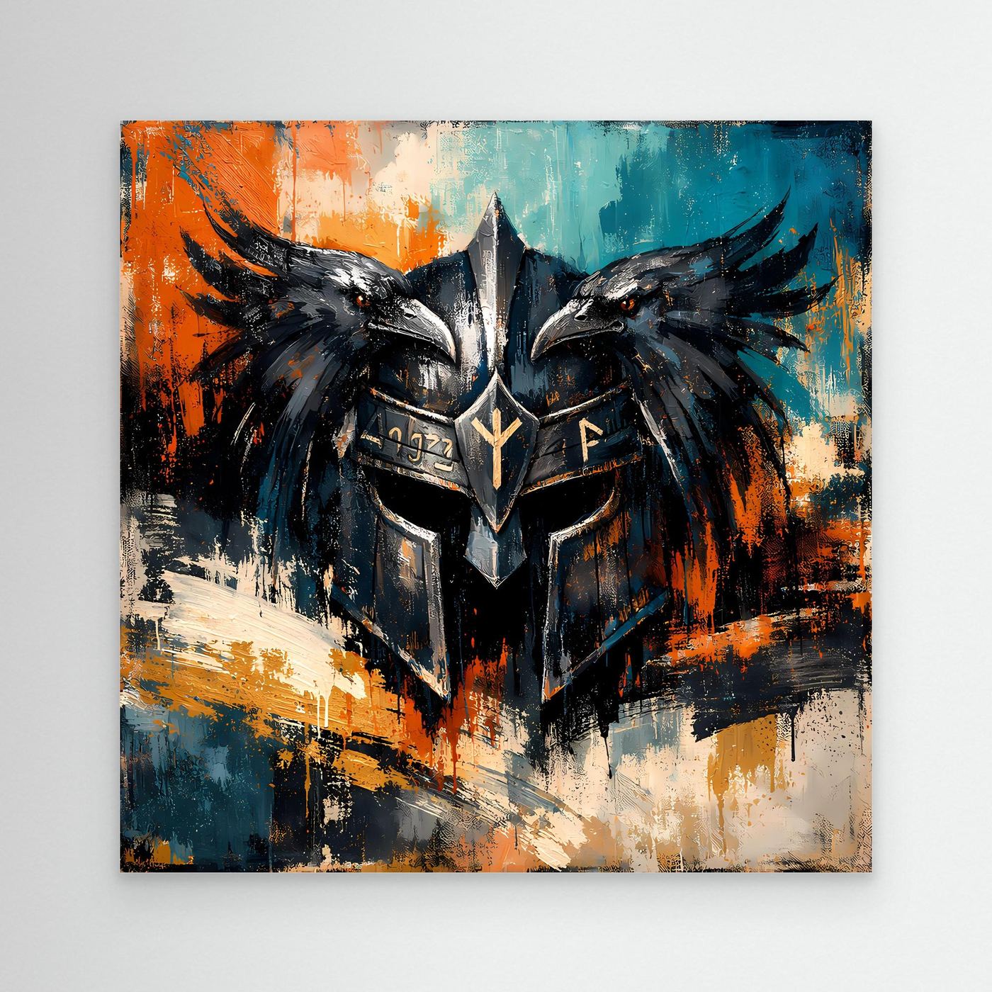 Wikinger-Wandbild mit Odin-Helm und zwei Raben, abstraktes Muster in Blau, Orange und Schwarz