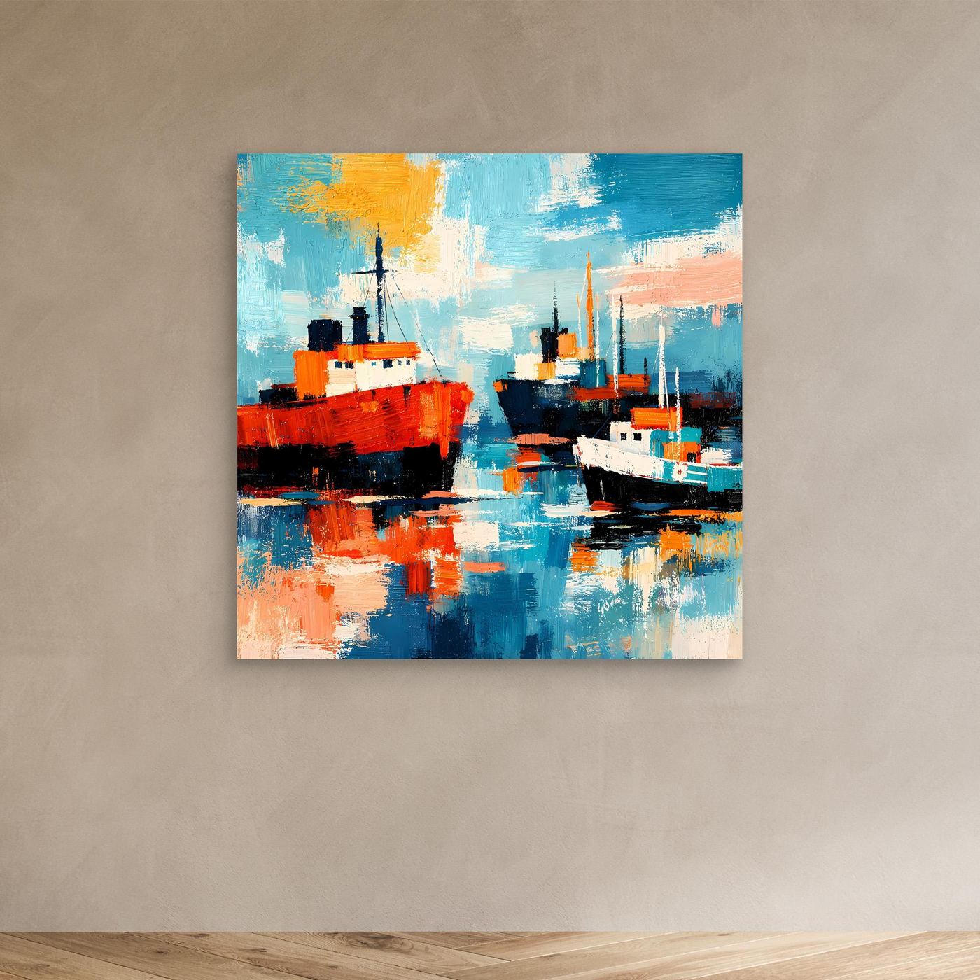 Leinwand-Wandbild mit abstrakten Schiffen im Hafen, blau, rot und orange