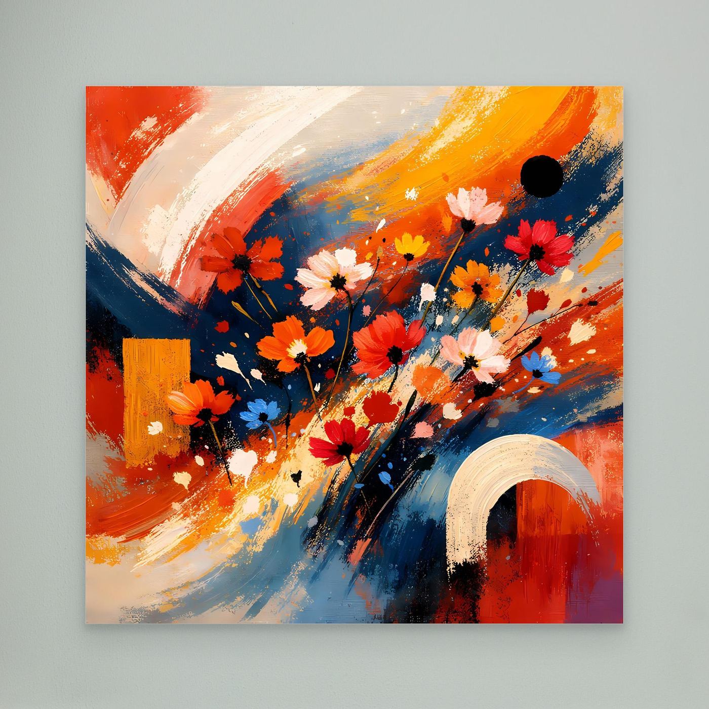 Abstraktes Leinwandbild mit bunten Blumen, ohne Rahmen, Farbtupfer und Blüten in Wirbeln