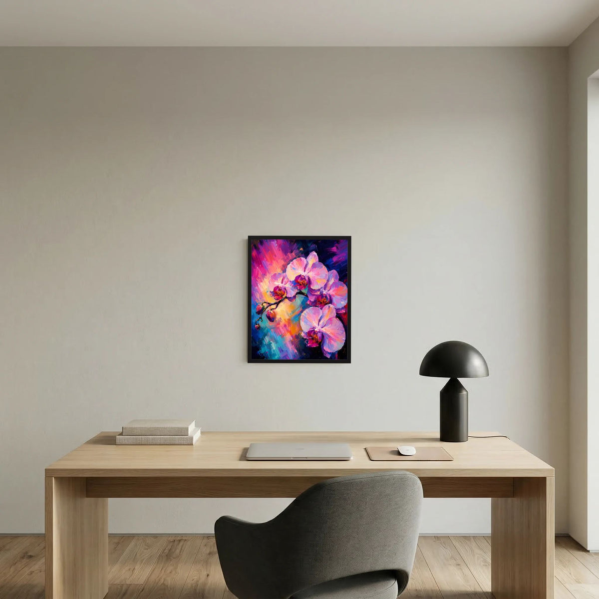 Wand-Kunstposter mit abstrakten Orchideenblüten in Pink-Lila mit Farbexplosion