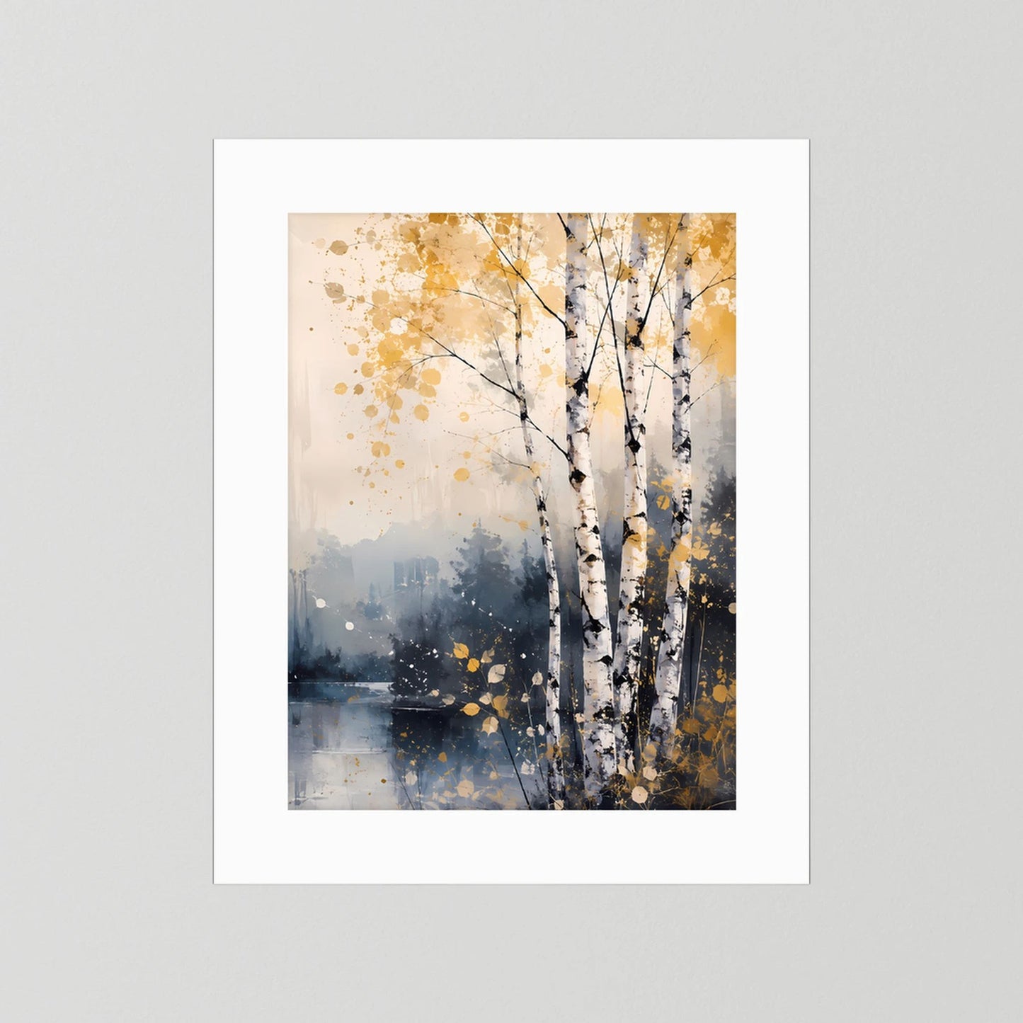 Poster im Hochformat mit abstrakten Birken am See, goldene Spritzer, ohne Rahmen