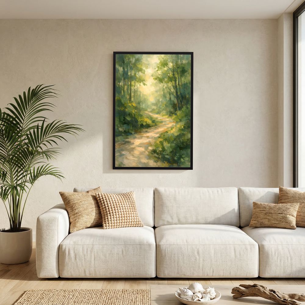 Wandposter Waldweg mit Sonnenlicht, im schwarzen Rahmen, hochformatig über Couch