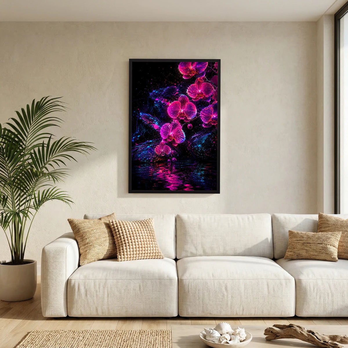 Kunstposter Hochformat mit neonpink-violetten Orchideen auf dunklem Hintergrund, schwarze Einfassung