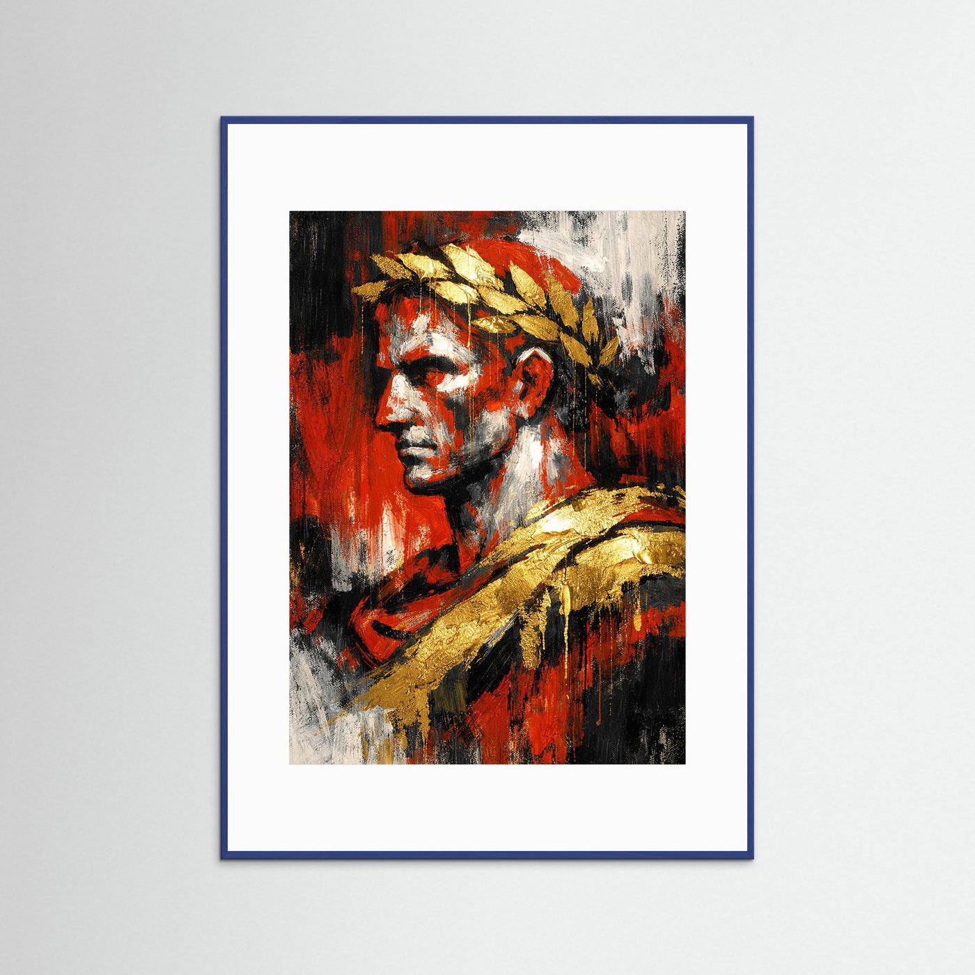 Abstraktes Bullenporträt-Kunstposter, Schwarz-Rot mit goldenem Akzent, im blauen Rahmen
