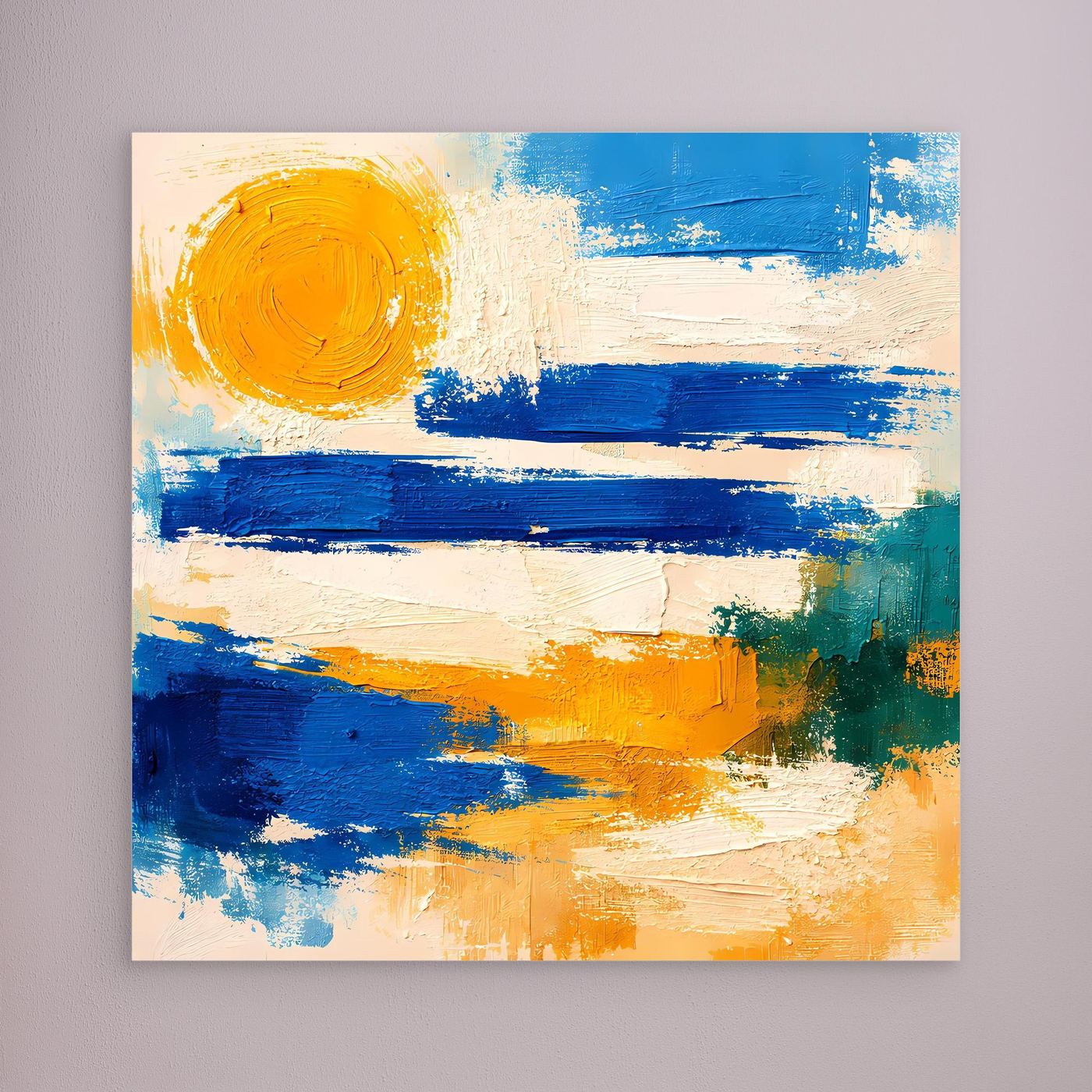 Unframed abstract canvas wall art with blue waves and yellow sun brushstrokes.