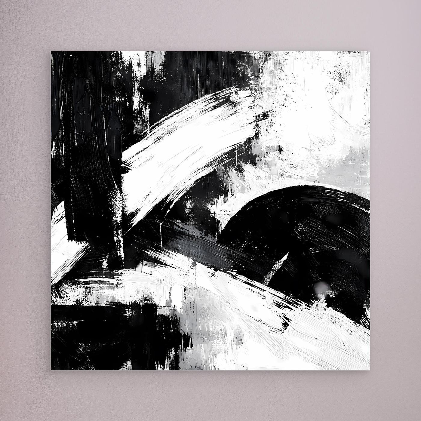 Schwarz-Weiß-Abstrakt-Wandbild ohne sichtbaren Rahmen, breite Pinselstriche und Kontraste