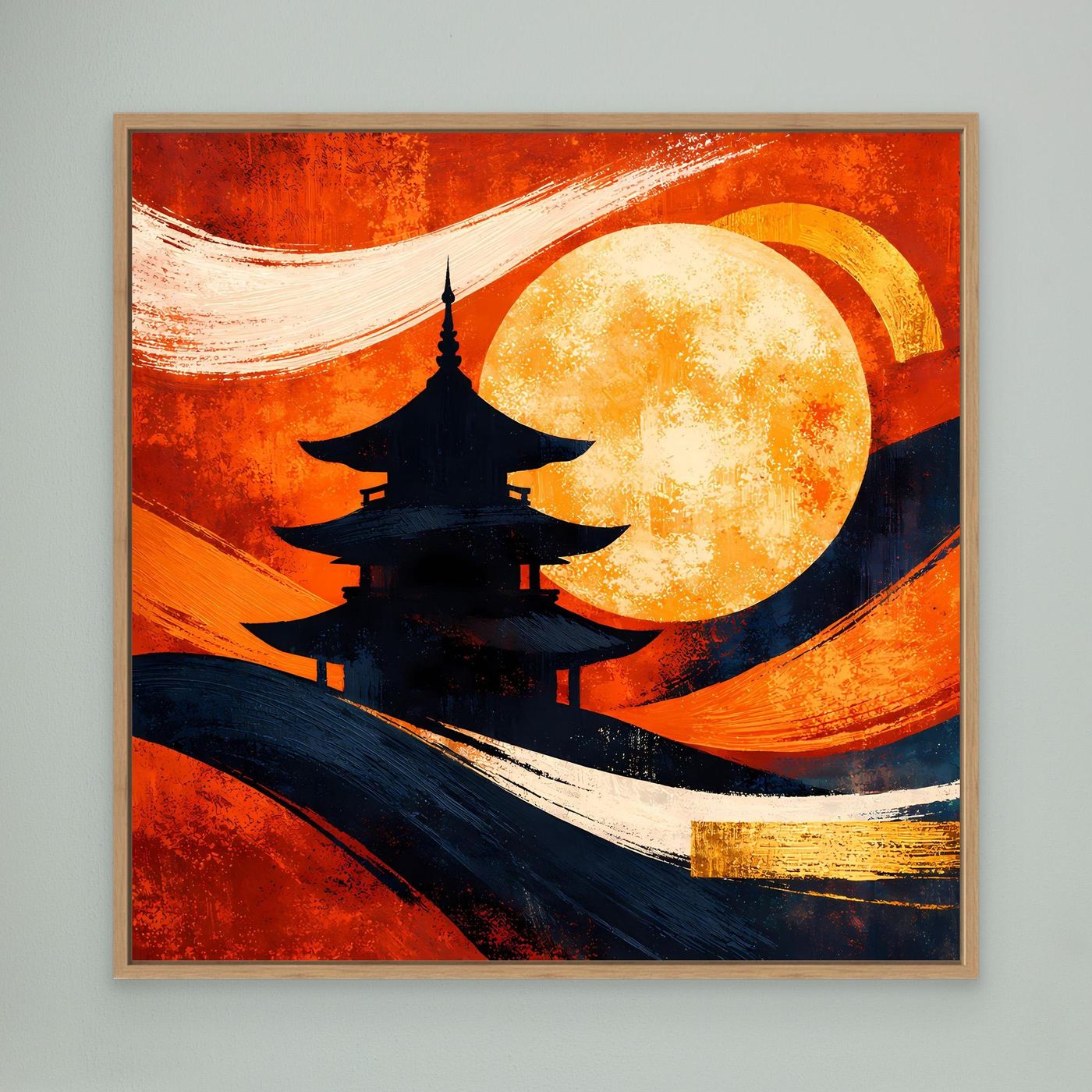 Leinwandbild mit Pagode und Vollmond, abstrakt in Rot-Orange und Blau, im hellen Holzrahmen