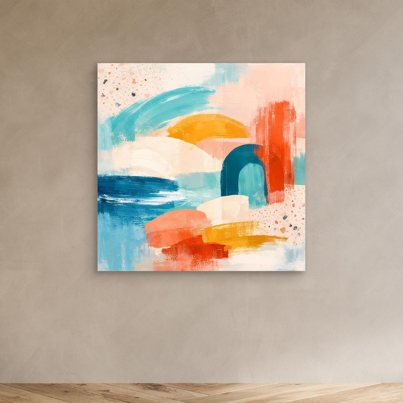 Unframed abstract pastel canvas wall art with teal, peach, orange and blue blocks