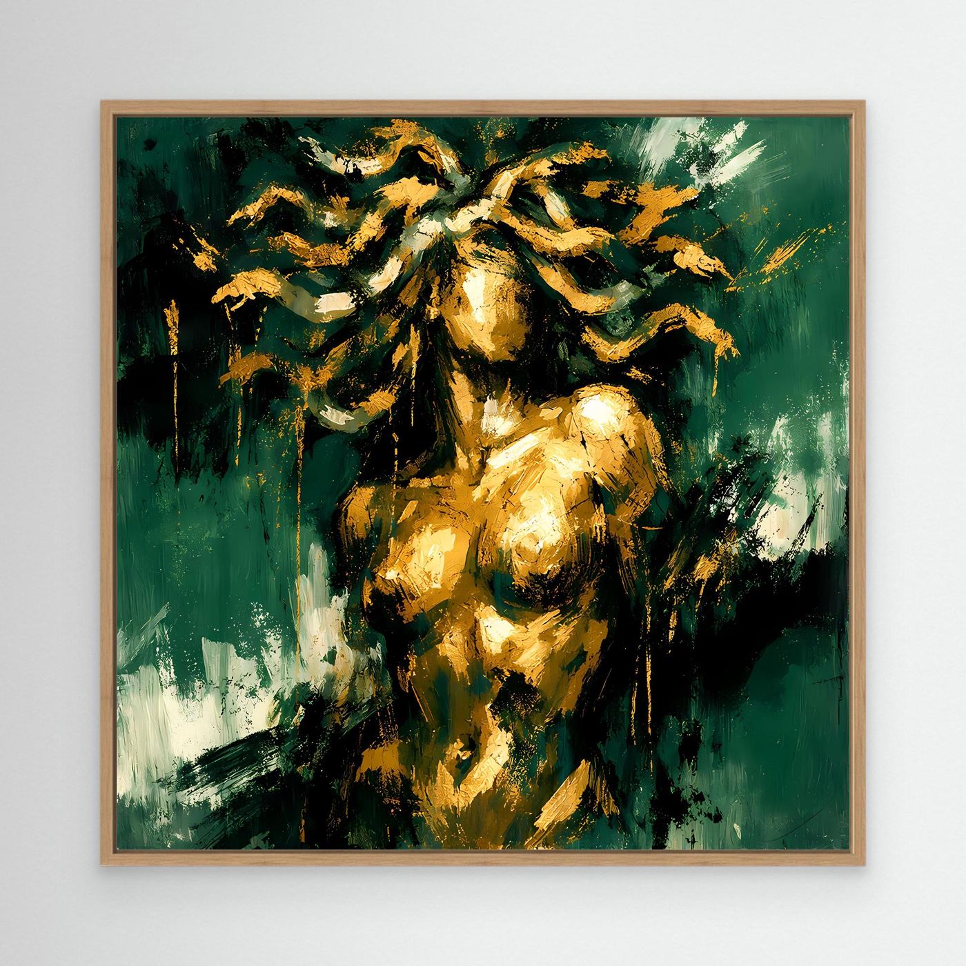 Leinwand Mystische Medusa in Smaragdgrün | Abstraktes Mythologie Wandbild Gold