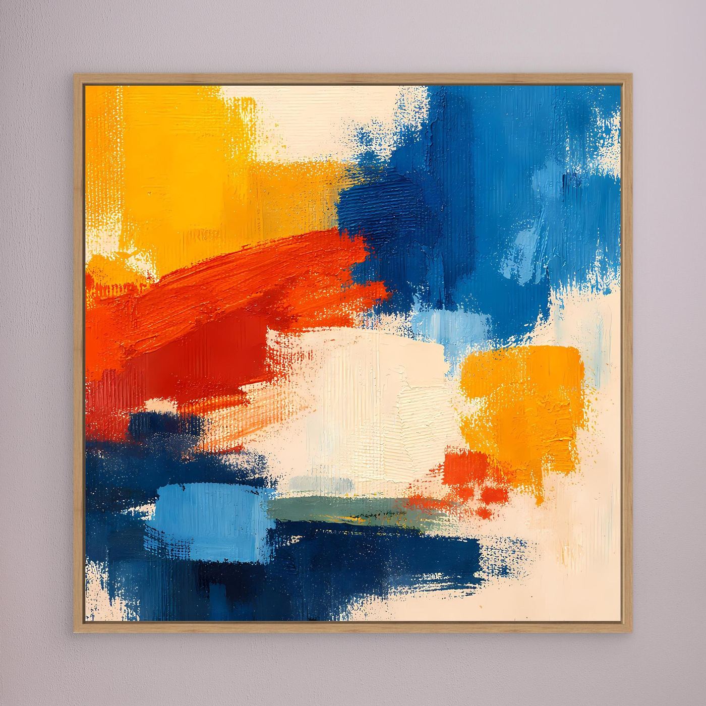 Framed abstract canvas wall art with blue, orange, red, and yellow brushstrokes