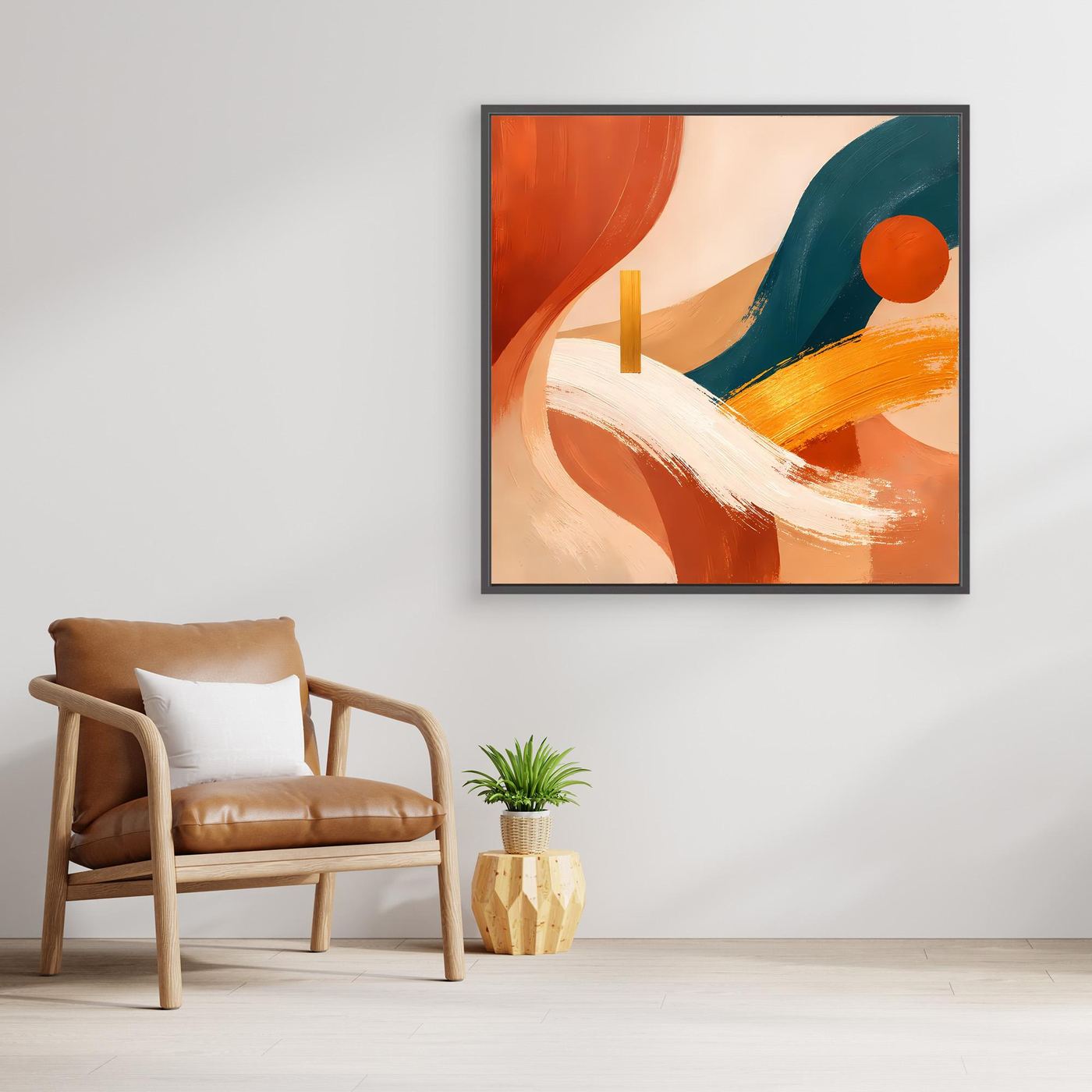 Abstraktes Boho-Leinwandbild ohne Rahmen mit Terracotta, Petrol und rotem Kreis