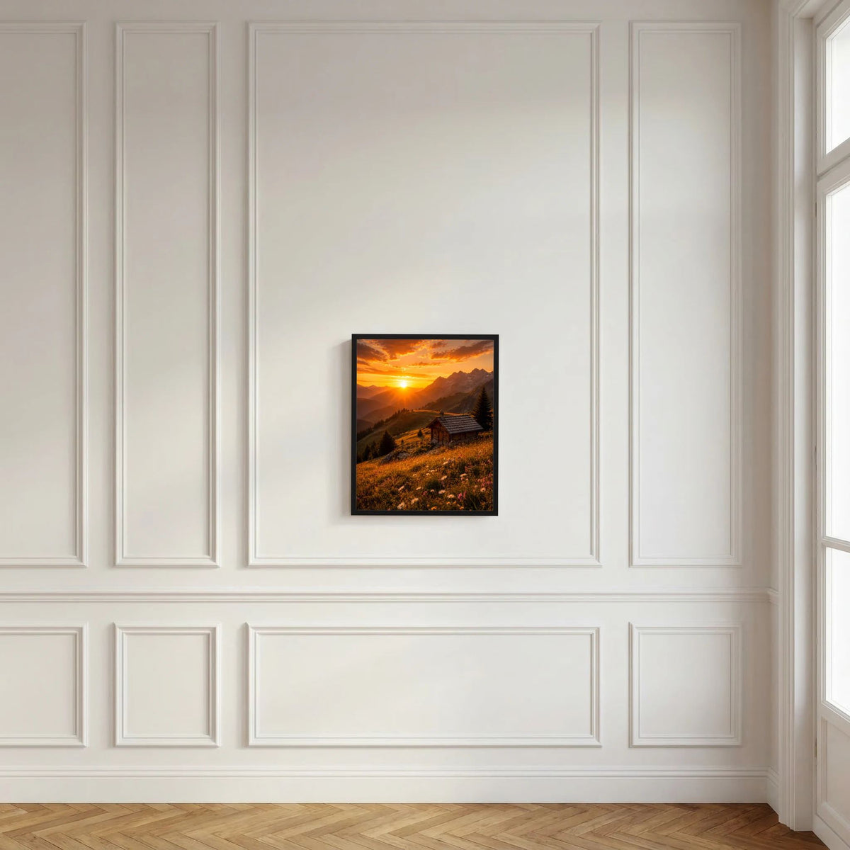 Hochformat-Poster mit Alpenhütte im Sonnenuntergang, schwarz gerahmt