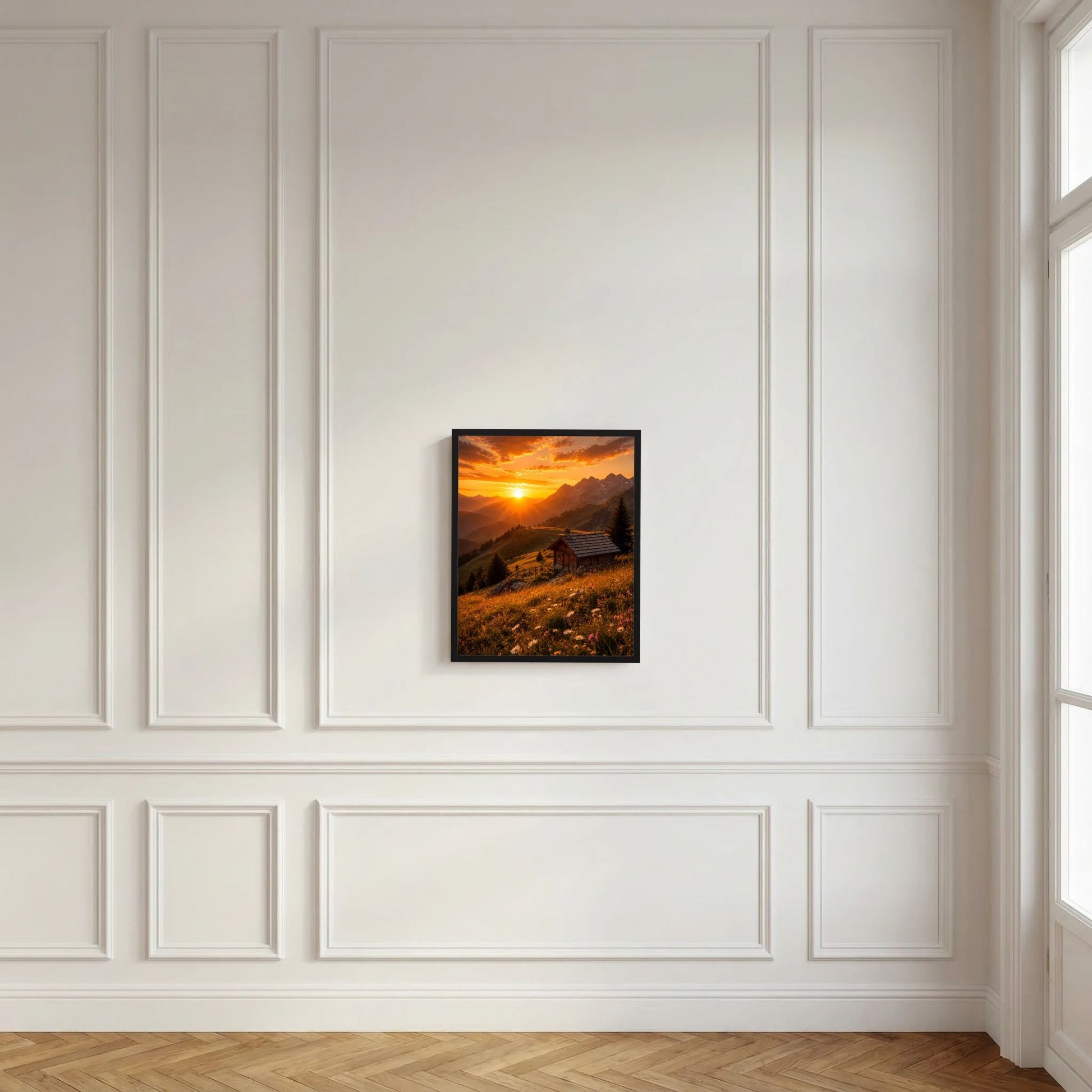 Hochformat-Poster mit Alpenhütte im Sonnenuntergang, schwarz gerahmt