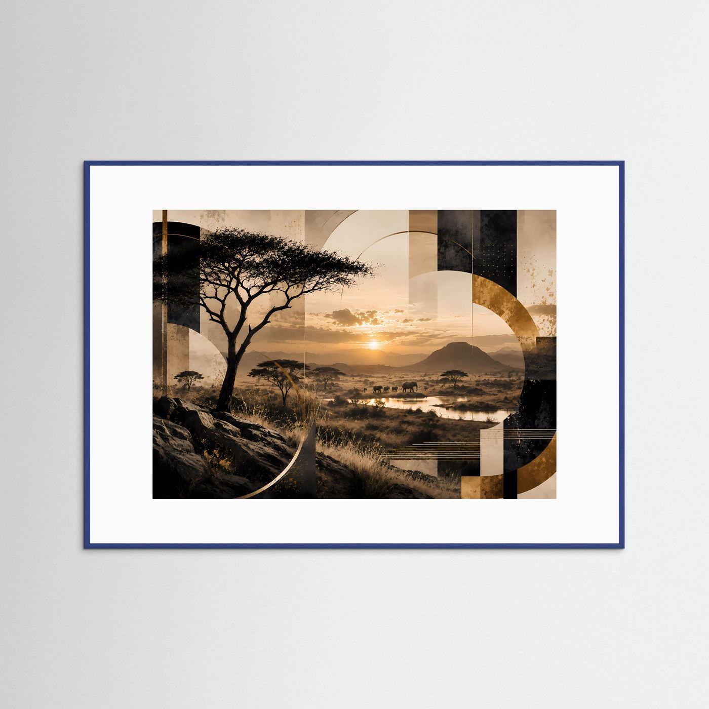 Afrika Safari Poster Querformat | Elefanten & Akazien im Sonnenuntergang