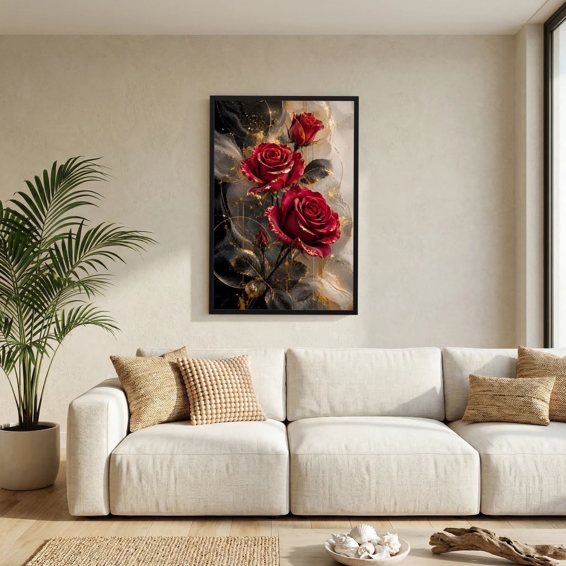 Gerahmtes Hochformat-Poster mit rubinroten Rosen und goldenen Akzenten vor dunklem Hintergrund