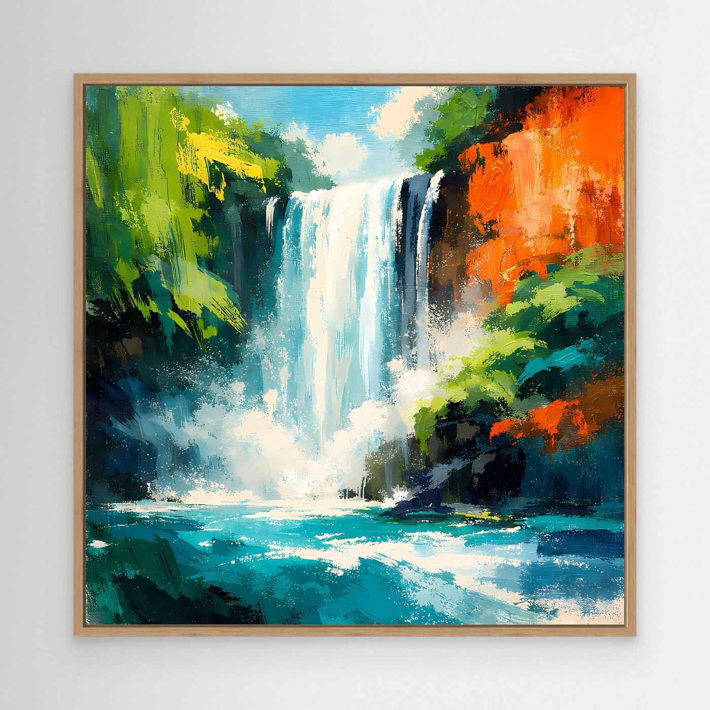 Leinwand-Wandbild mit Wasserfall im Dschungel, kräftige Grüntöne und orangefarbene Baumkronen