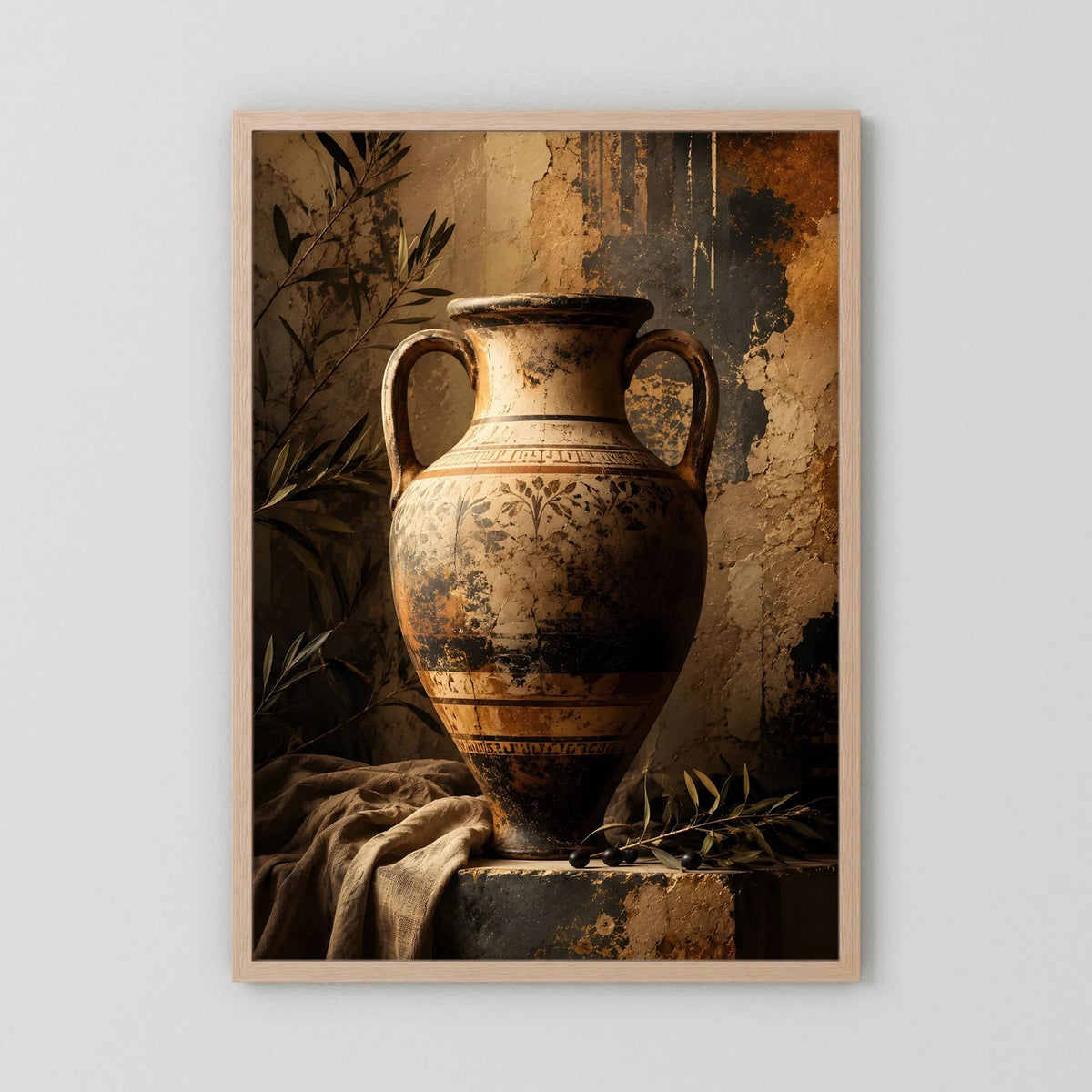 Poster: antike Amphore mit Olivenzweigen, goldene Keramik, Holzrahmen