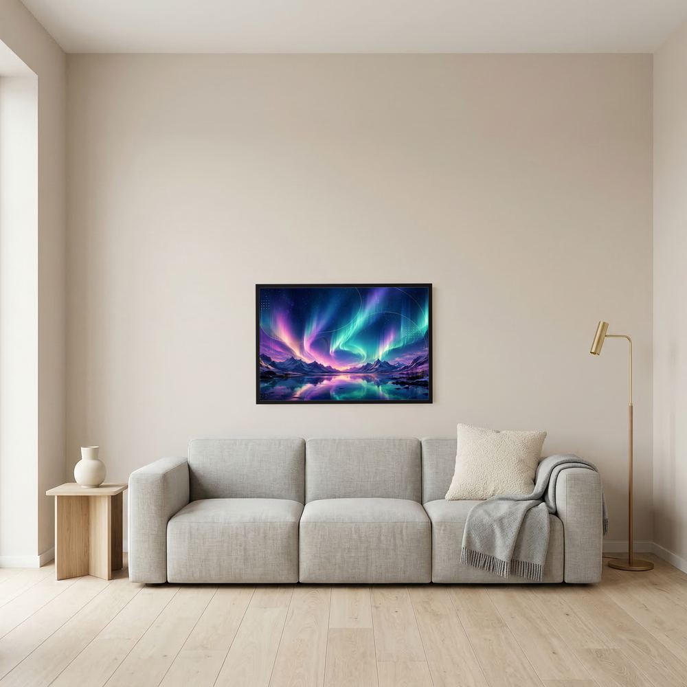 Wandposter Aurora über Berglandschaft, blau-violetter Himmel, schwarzer Rahmen
