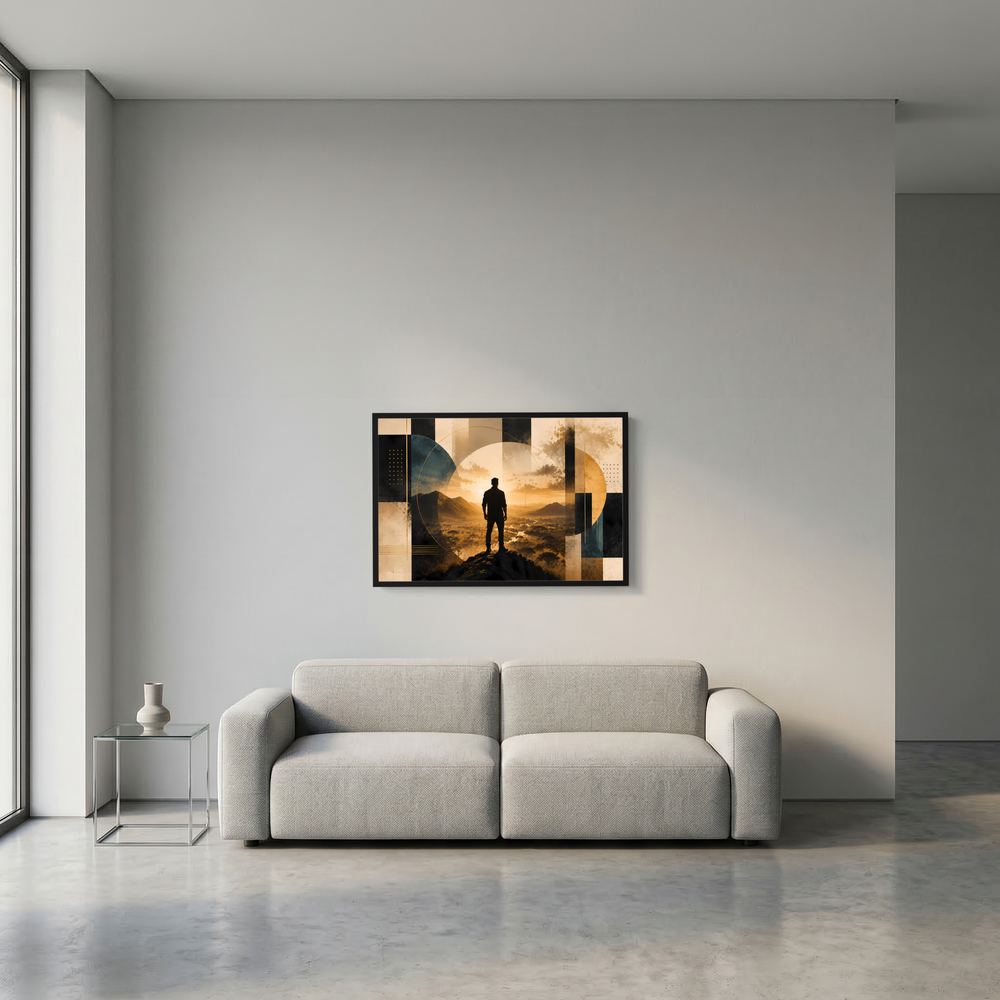 Wandbild-Poster im Querformat mit Mann-Silhouette und gold-schwarzen Geometrieelementen