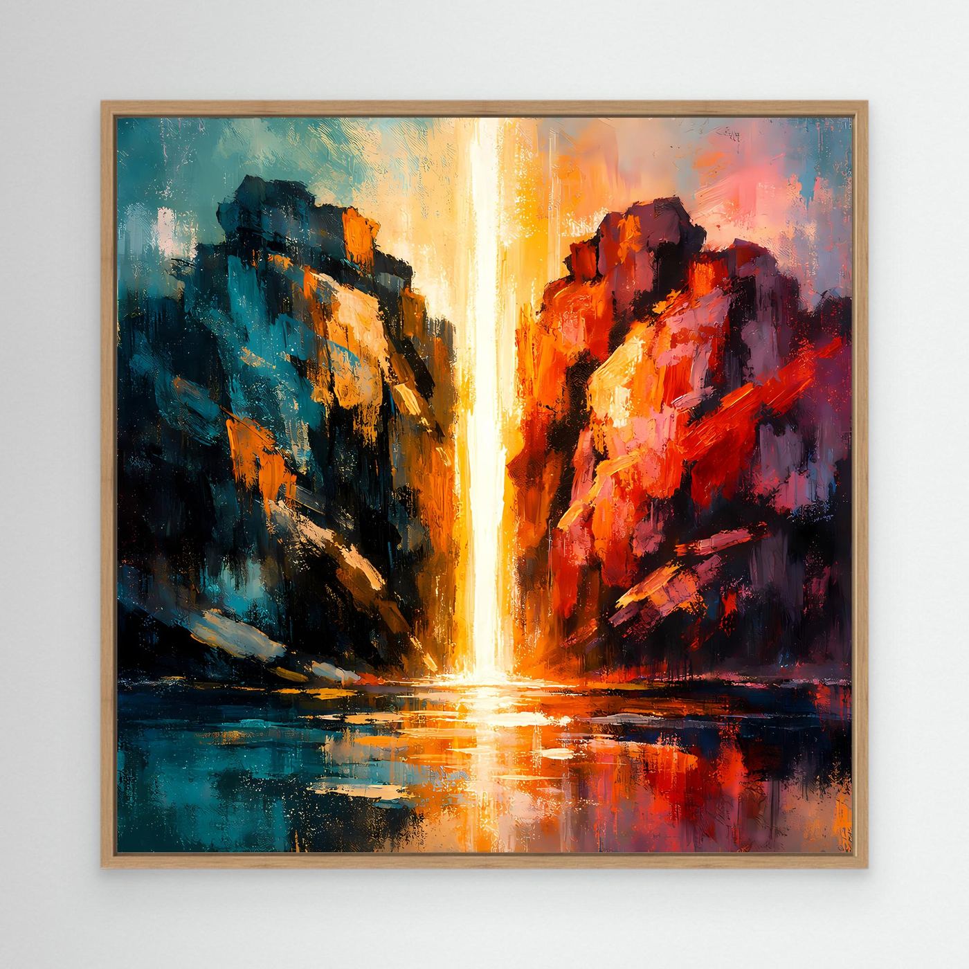 Premium Leinwand Magischer Lichtwasserfall im Canyon | Abstraktes Natur Wandbild farbenfroh