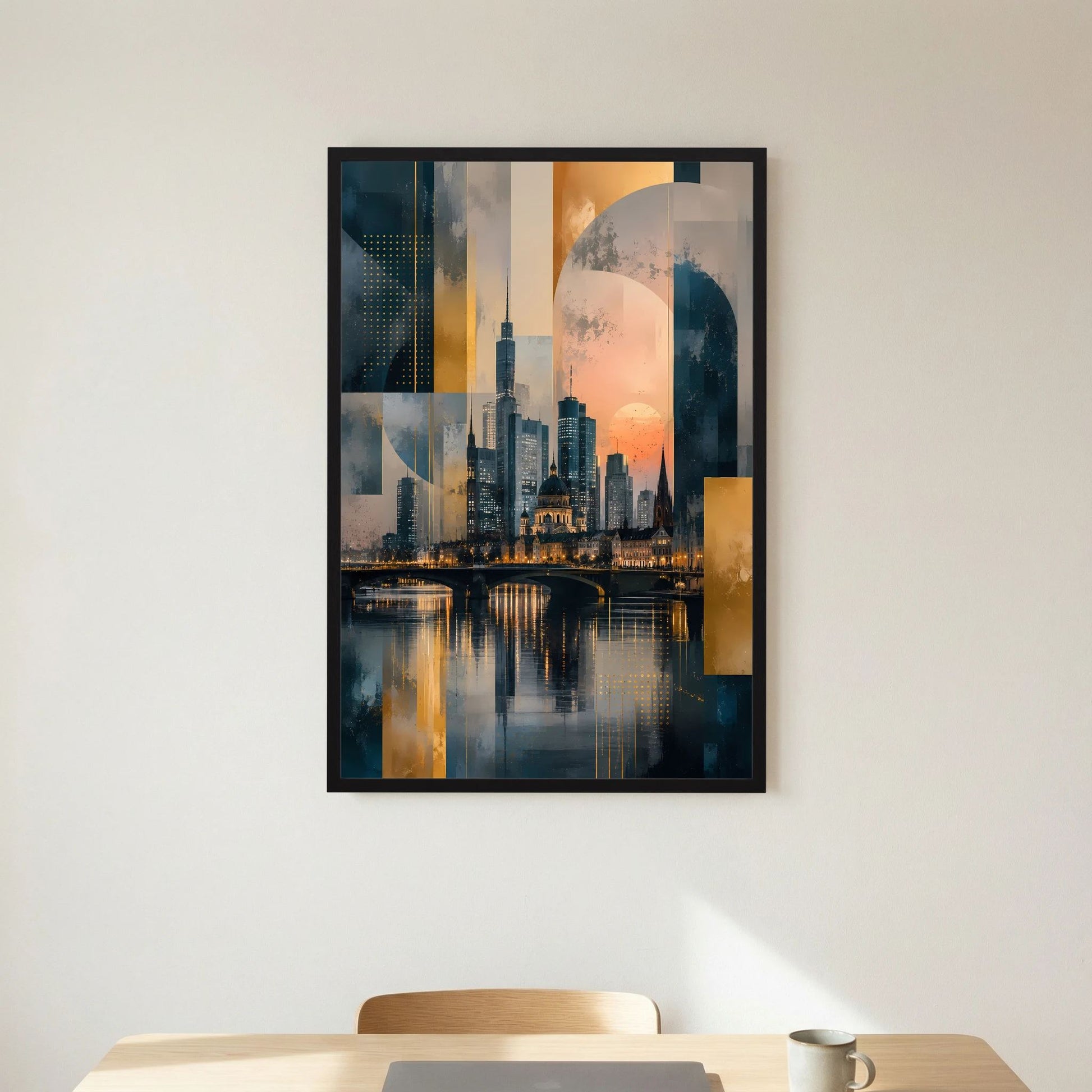 Hochformat-Poster mit abstrakter Skyline in Gold, Petrol und Dunkelblau, schwarzer Rahmen