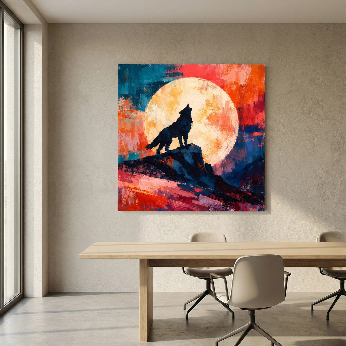 Leinwand Abstraktes Wolf Gemälde | Modernes Mystisches Wandbild Heulender Wolf Vollmond