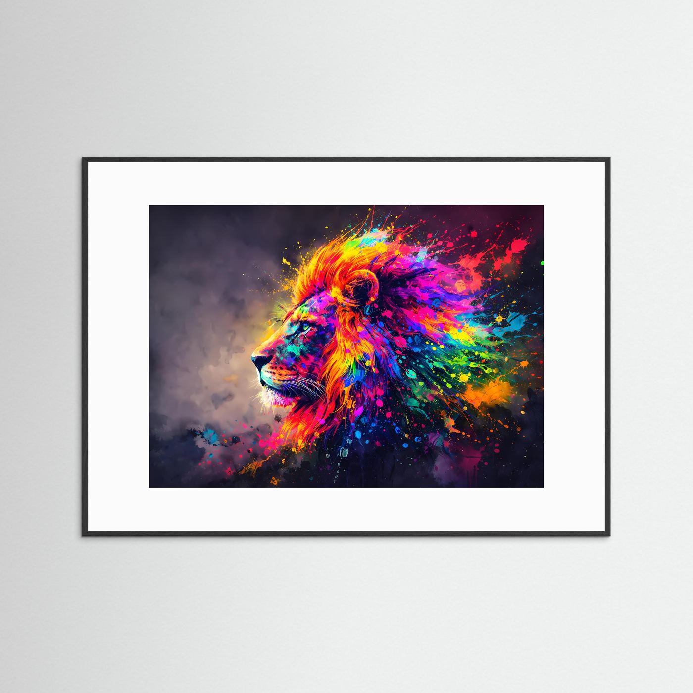 Wandbild mit schwarzem Rahmen und weißem Passepartout: Löwenkopf Pop-Art Regenbogenfarben