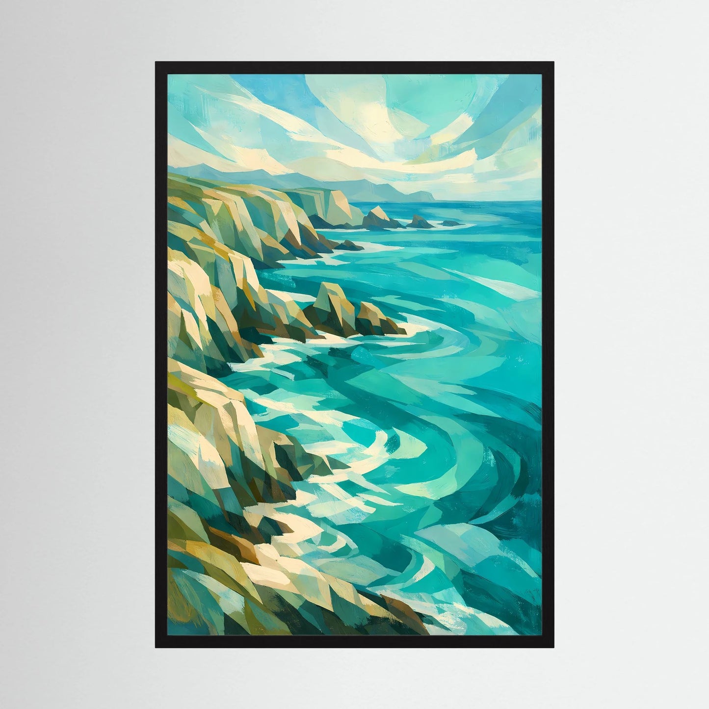 Poster Hochformat: abstrakte Meereslandschaft mit türkisfarbenen Wellen & Felsen, schwarzer Rahmen