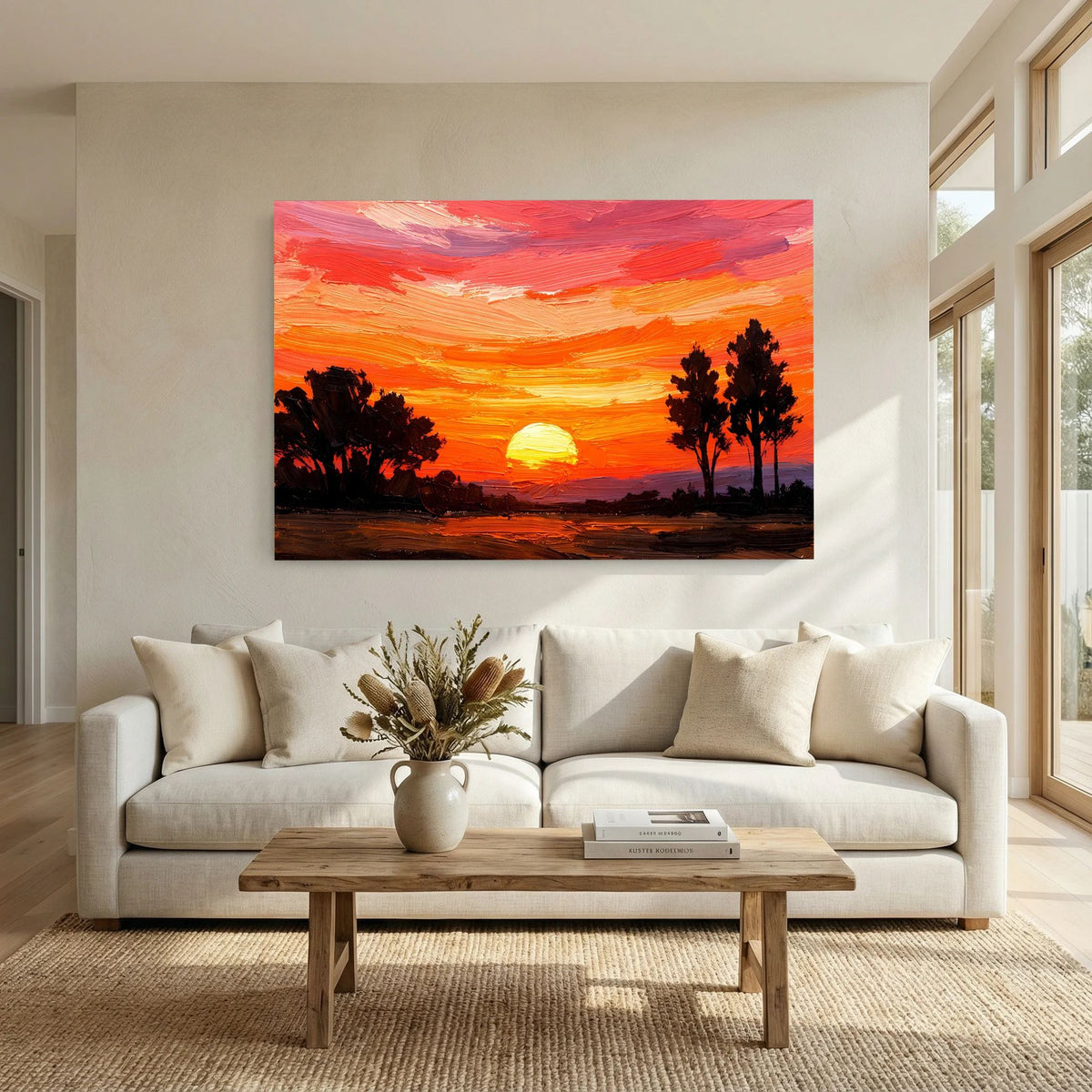 Acryl-Kunstwerk im Querformat über Couch: Sonnenuntergang mit dunklen Bäumen