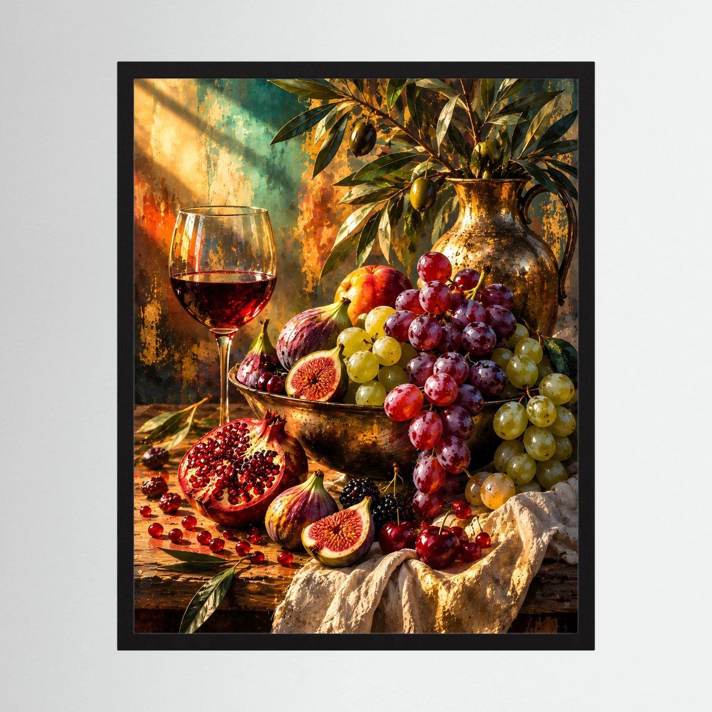 Hochformat-Poster im schwarzen Rahmen mit Wein, Trauben, Feigen und Granatapfel