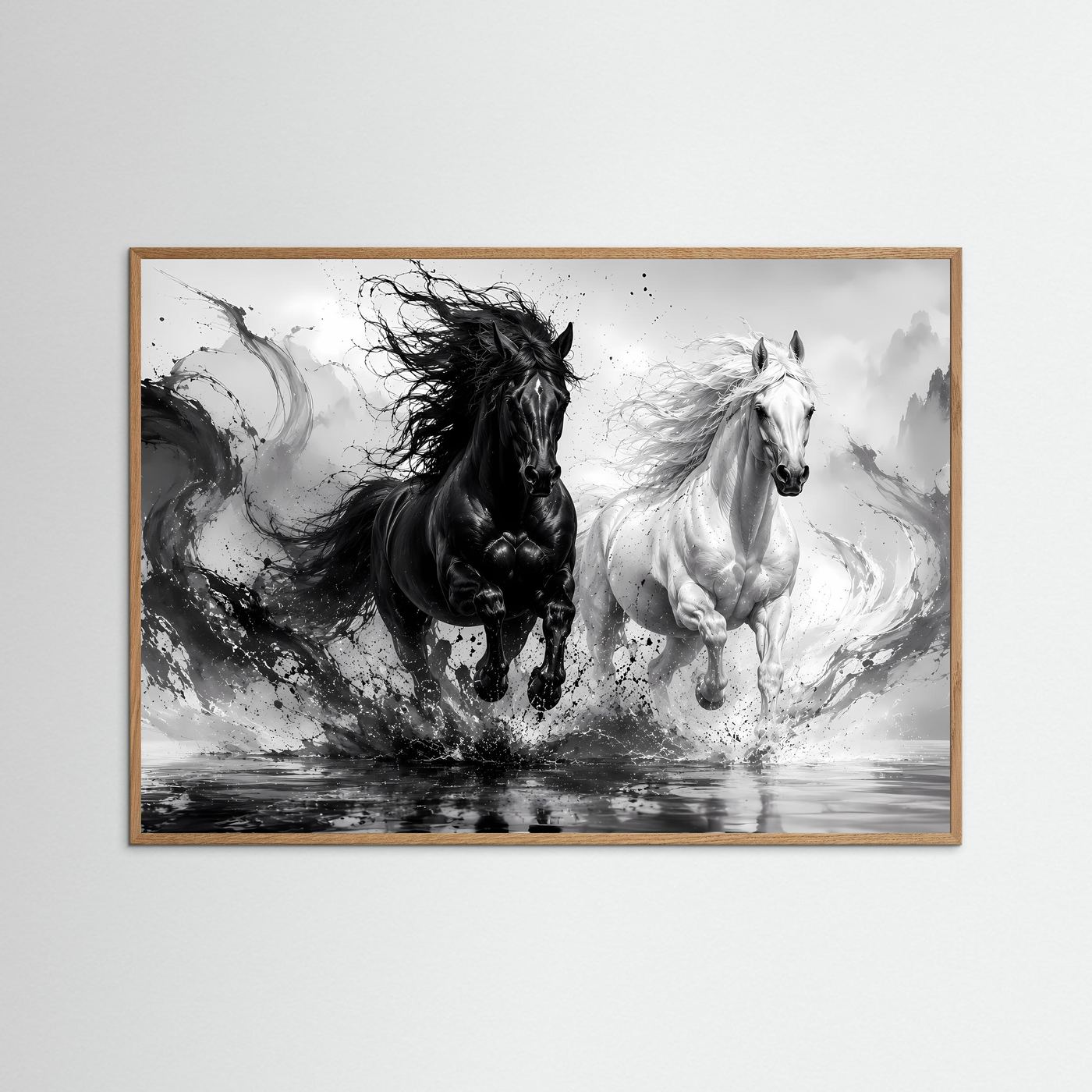 Schwarz Weiß Pferde Poster | Yin Yang Pferde Wandbild | Galoppierende Schwarze und Weiße Pferde | Moderne Abstrakte Pferdekunst
