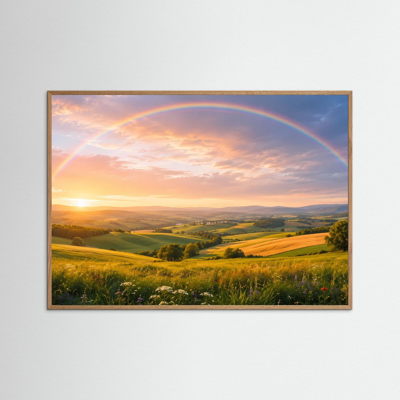 Querformat-Poster mit Regenbogen über grünen Wiesen im Sonnenuntergang, rustikaler Holzrahmen