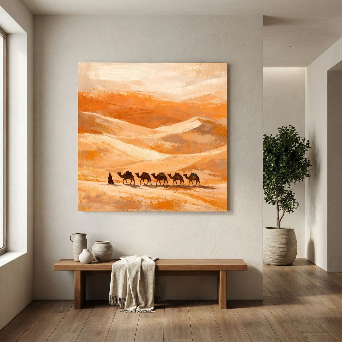 Leinwand-Wandbild mit hellem Holzrahmen: orange Wellenlinien und Karawane in dunkler Silhouette