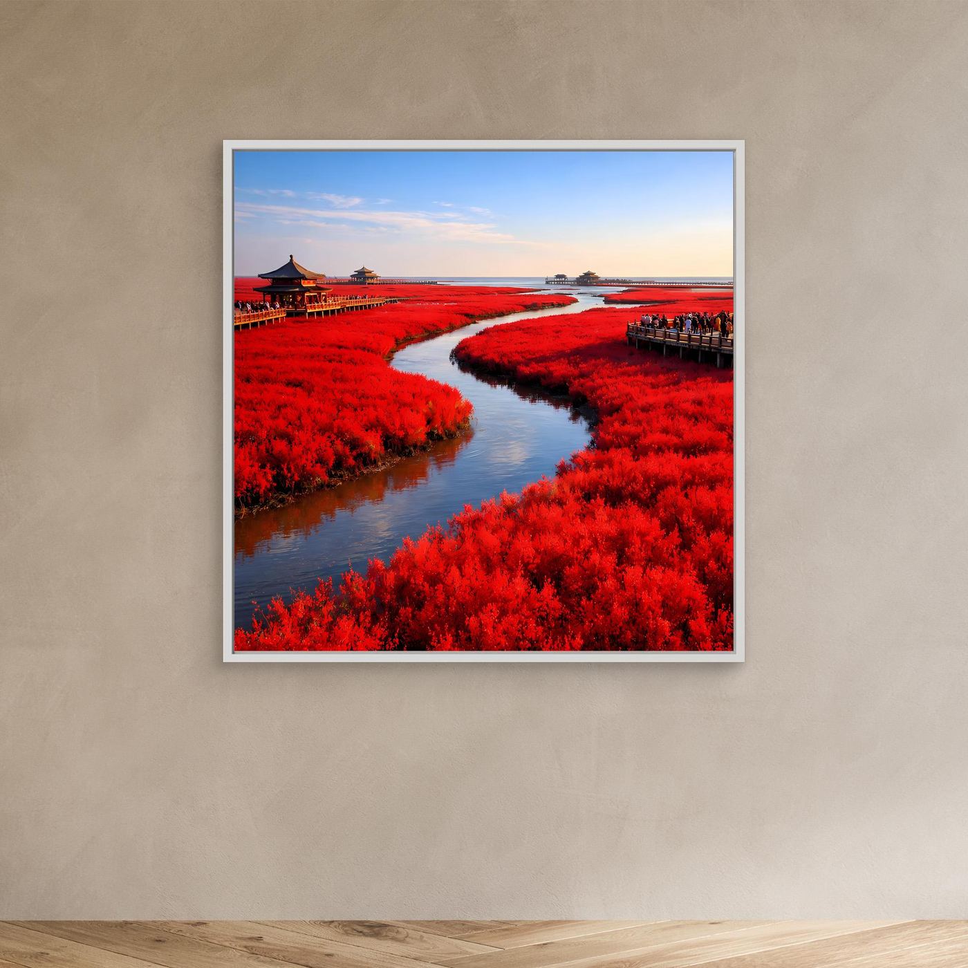 Leinwandbild mit weißem Rahmen: roter Fluss, rote Vegetation, Stege und Uferpflanzen
