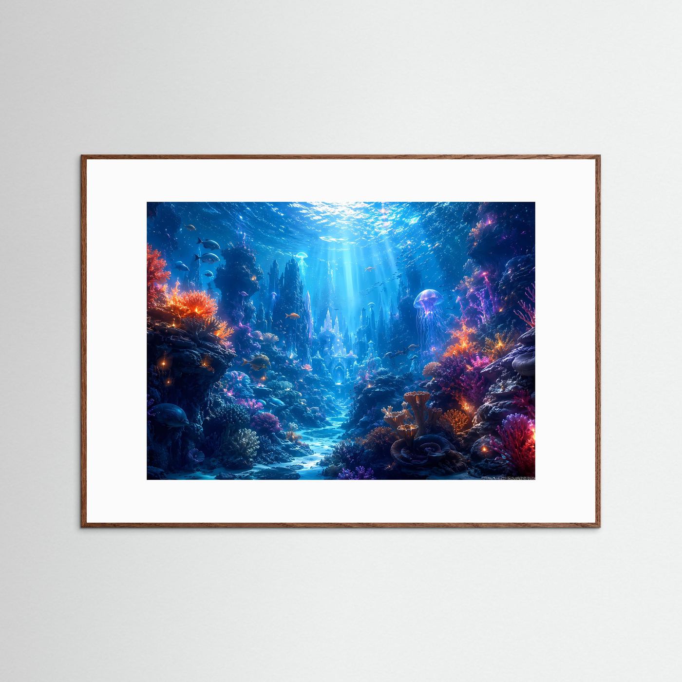 Magische Unterwasserwelt im Korallenriff | Modernes Ozean & Meeresleuchten Poster im Querformat