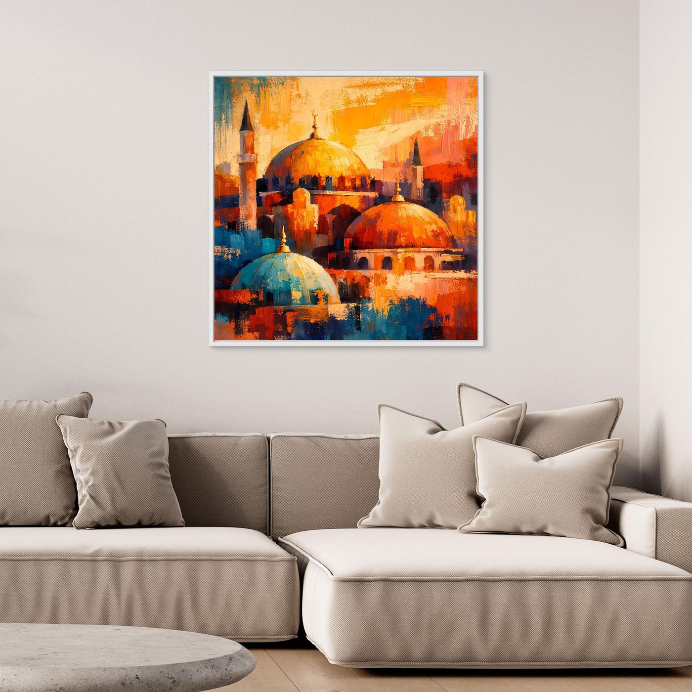 Leinwandbild mit heller Umrandung: orientalische Moschee, abstrakt in Orange und Blau