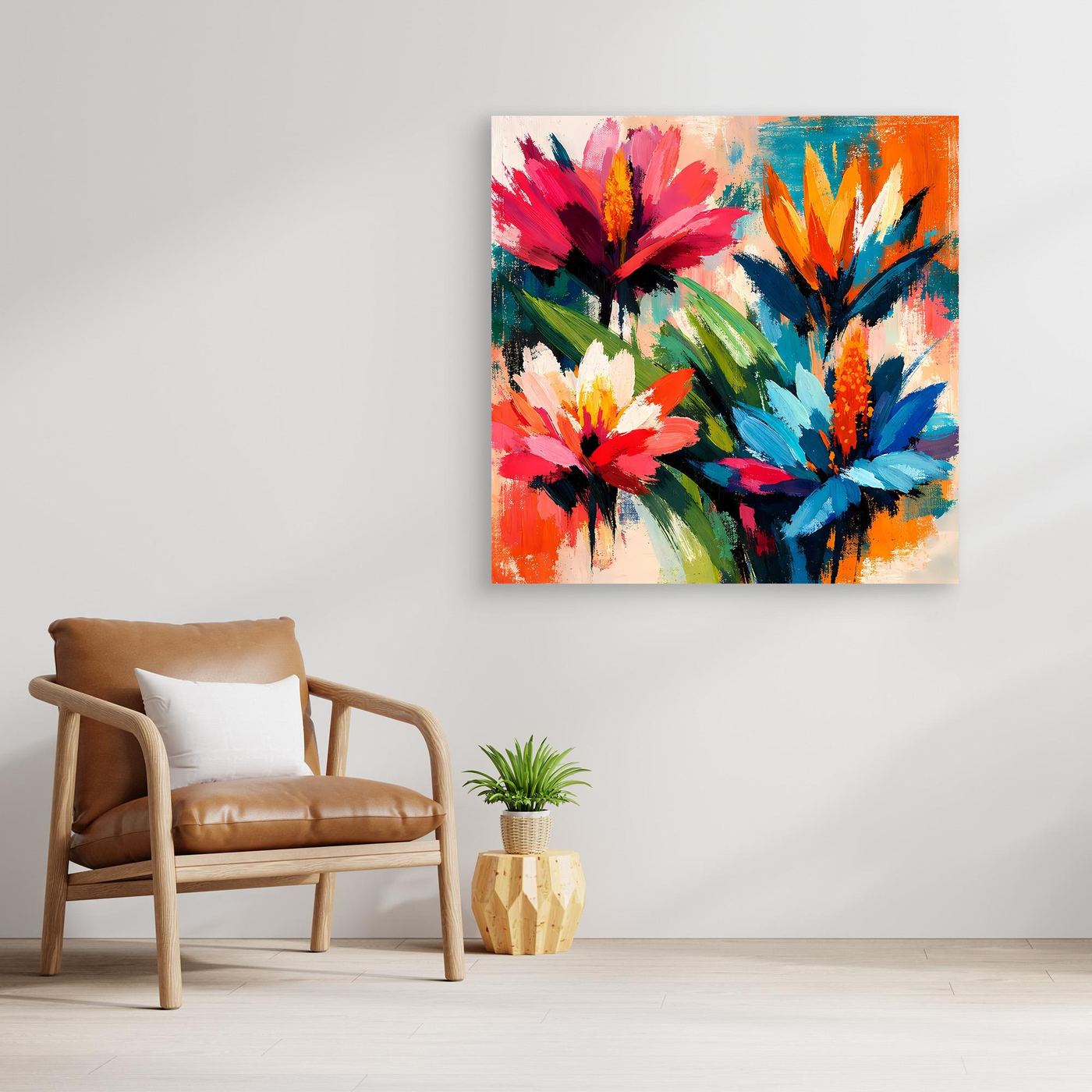 Abstract floral wall art with no visible frame, vivid red, blue, and green blossoms