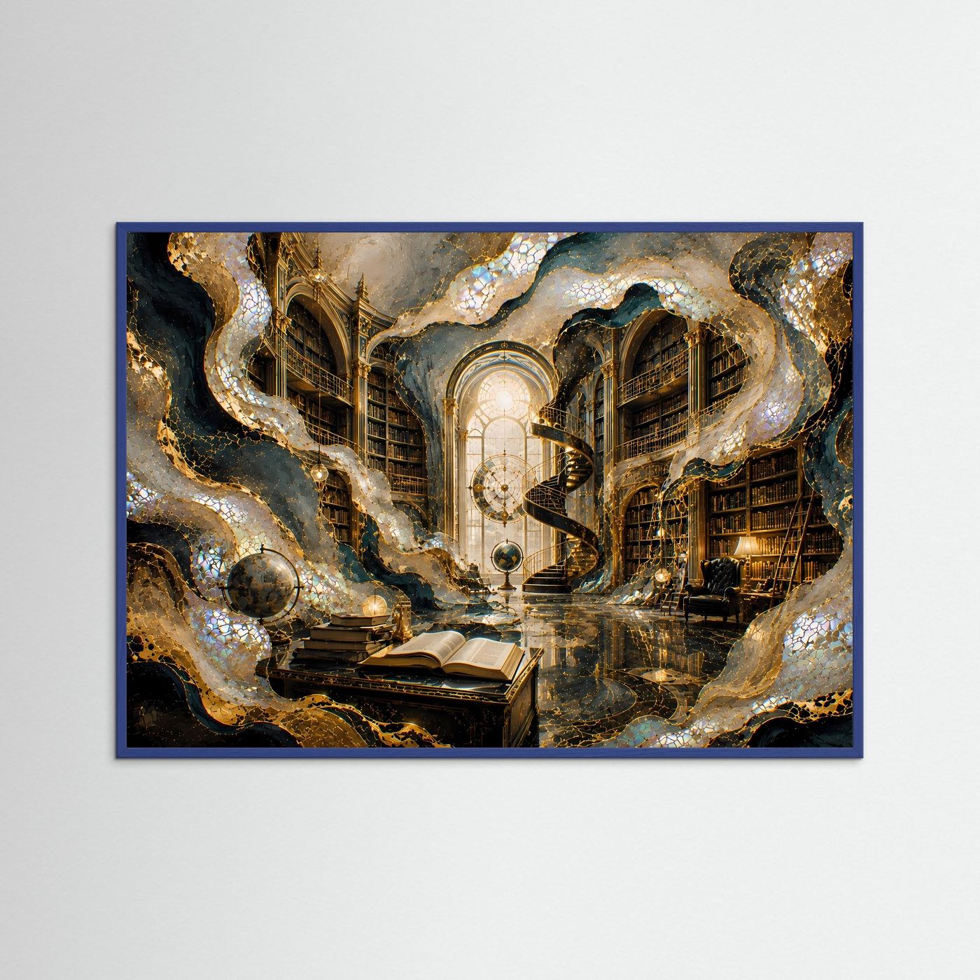Gerahmtes Poster im Querformat mit Bibliotheksmotiv, blauer Holzrahmen