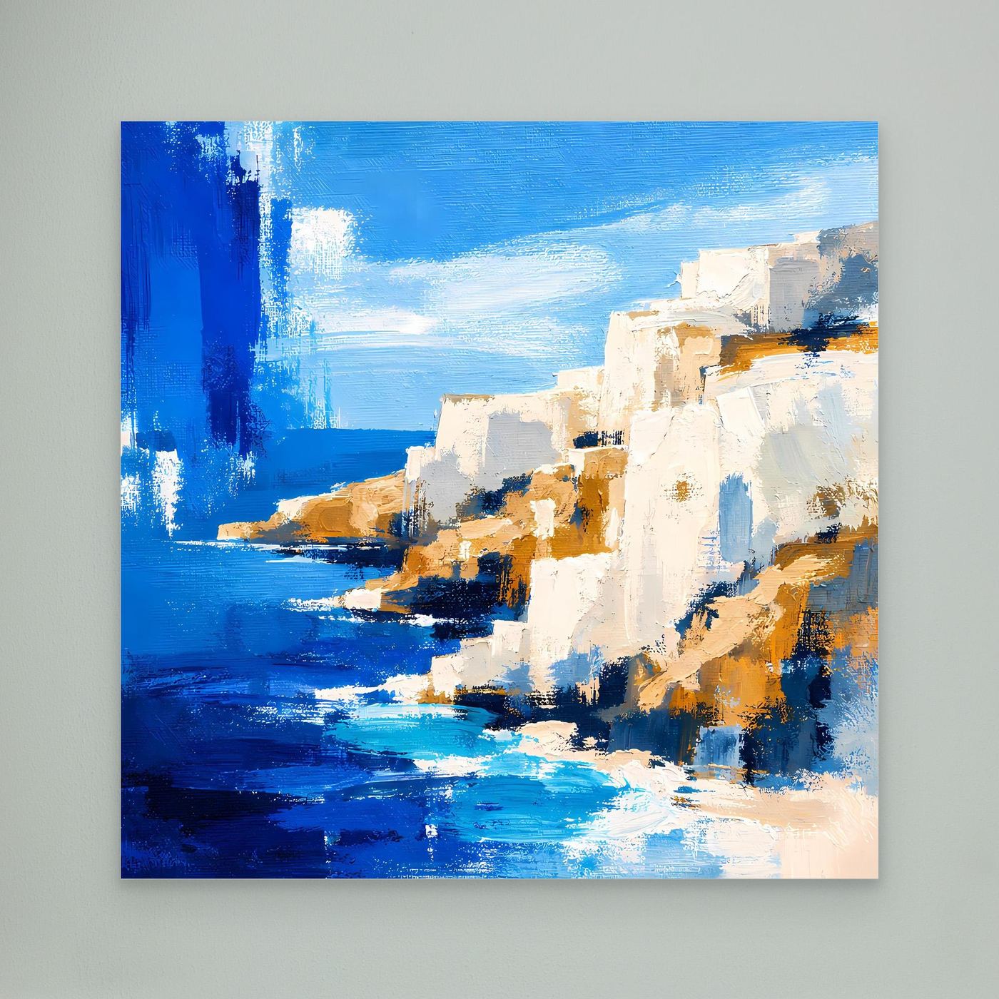 Abstraktes Leinwand-Wandbild Küste in Blau und Weiß, kräftige orange Elemente