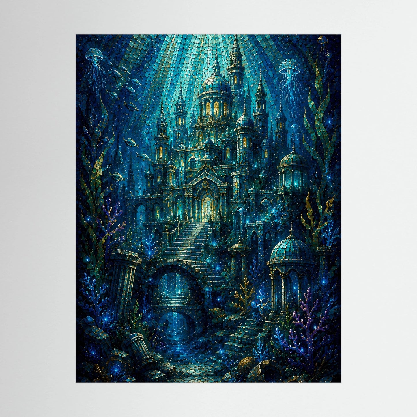 Nahansicht des Hochformat-Posters: Mosaik-Illustration einer Unterwasserstadt in Blau und Grün