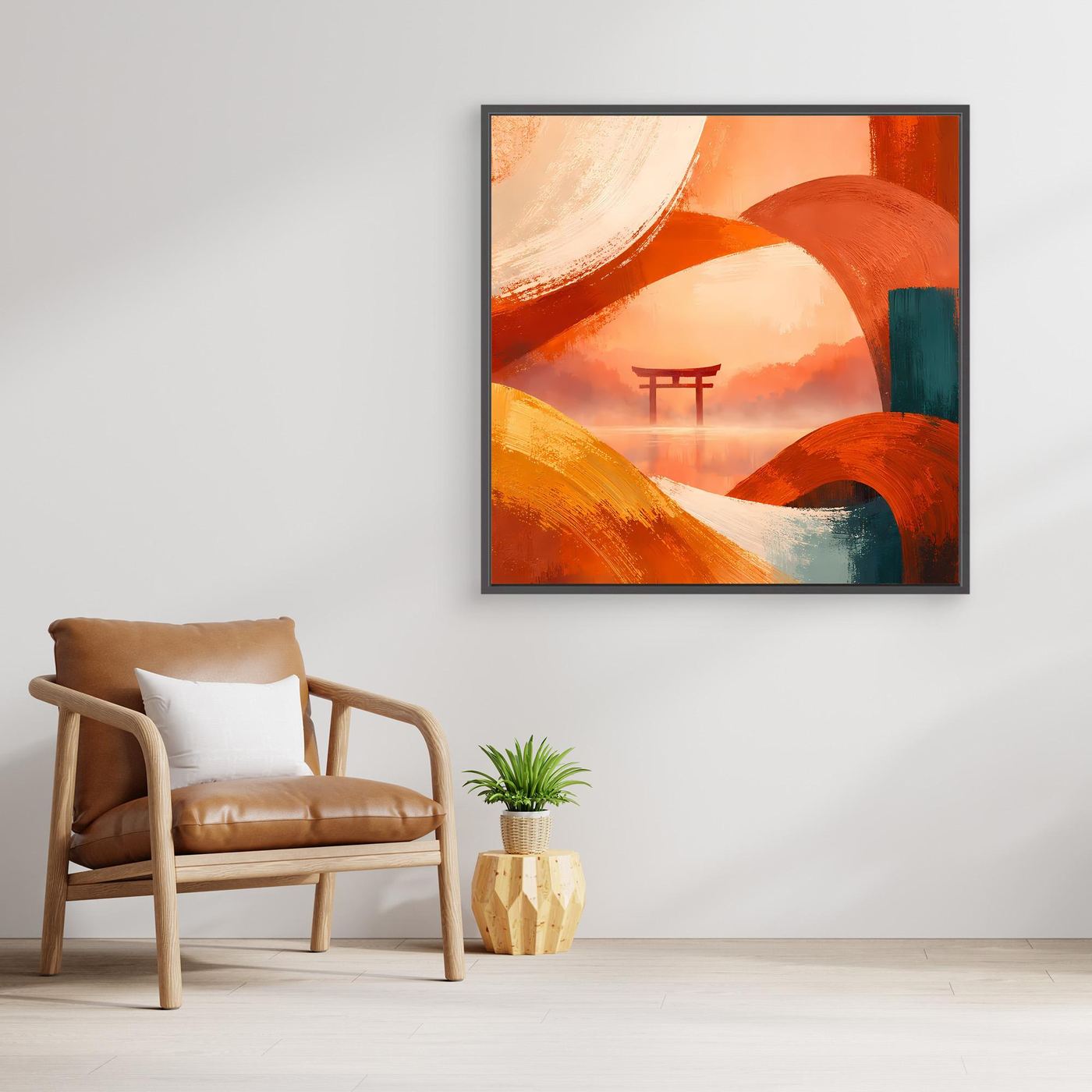Gerahmtes Leinwandbild mit abstrakten Kreisen und Torii-Silhouette in warmem Orange