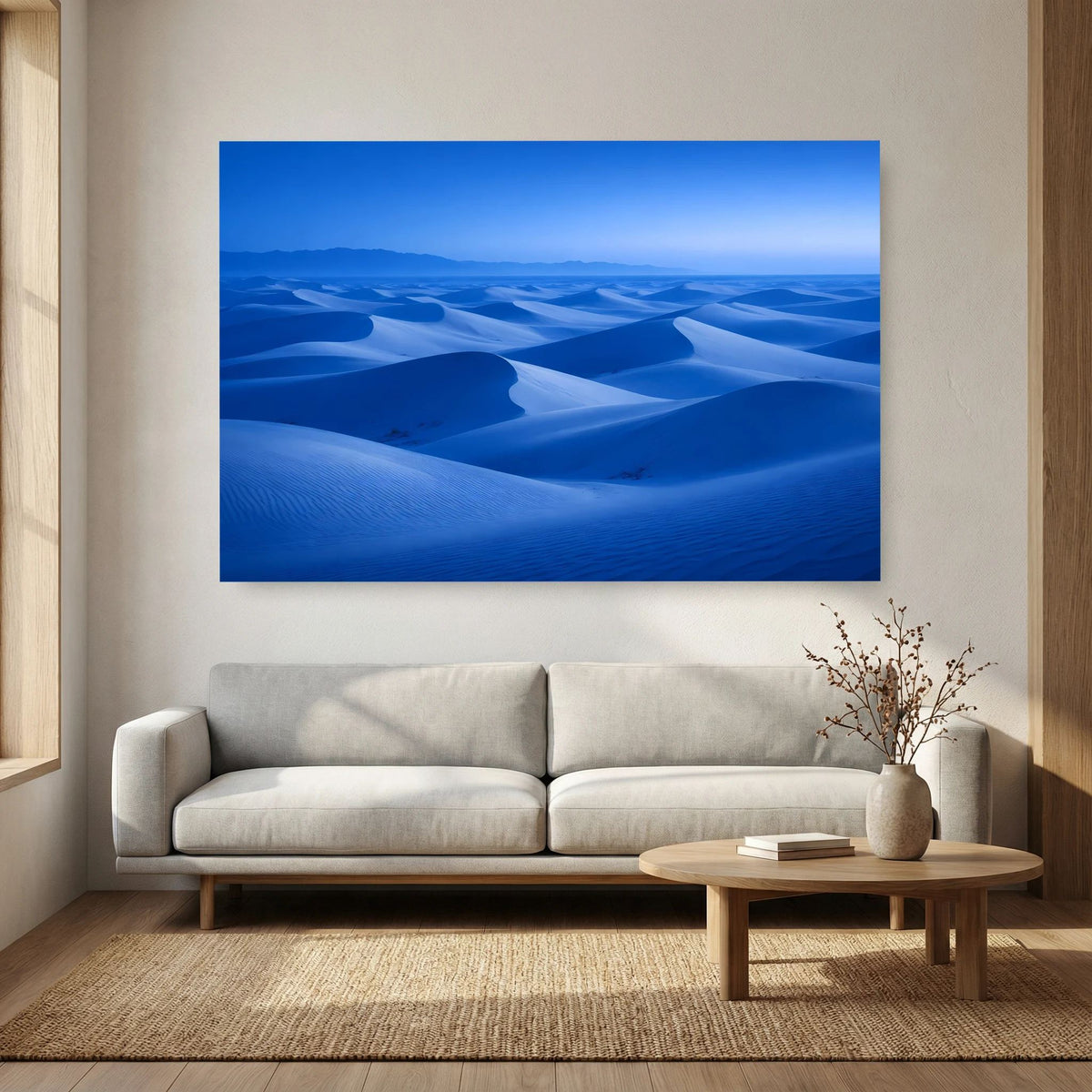 Blaues Wandbild mit Wüstenlandschaft und welligen Dünen, Querformat