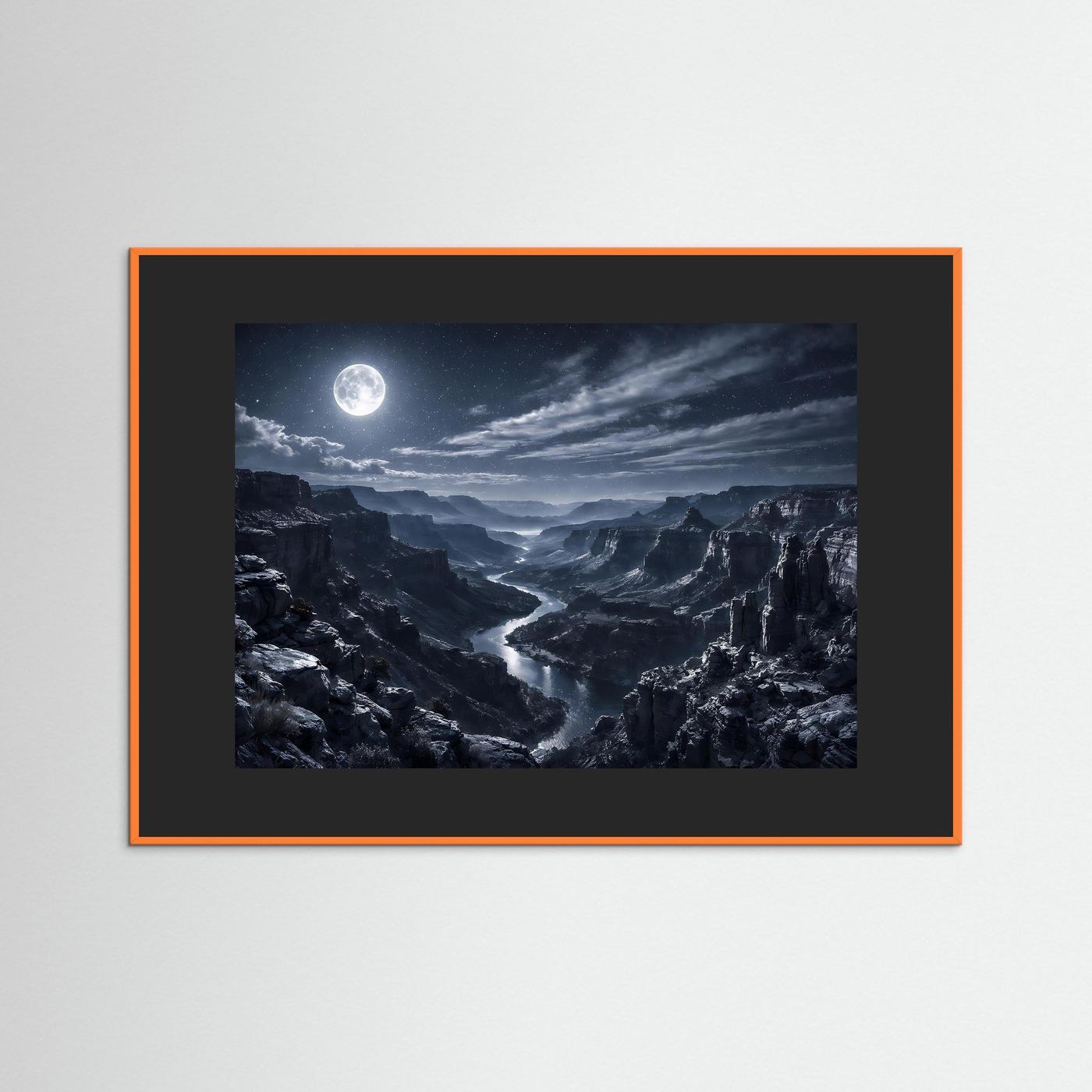 Wandbild mit Mond über Canyon, dunkler Mattrahmen in Orange
