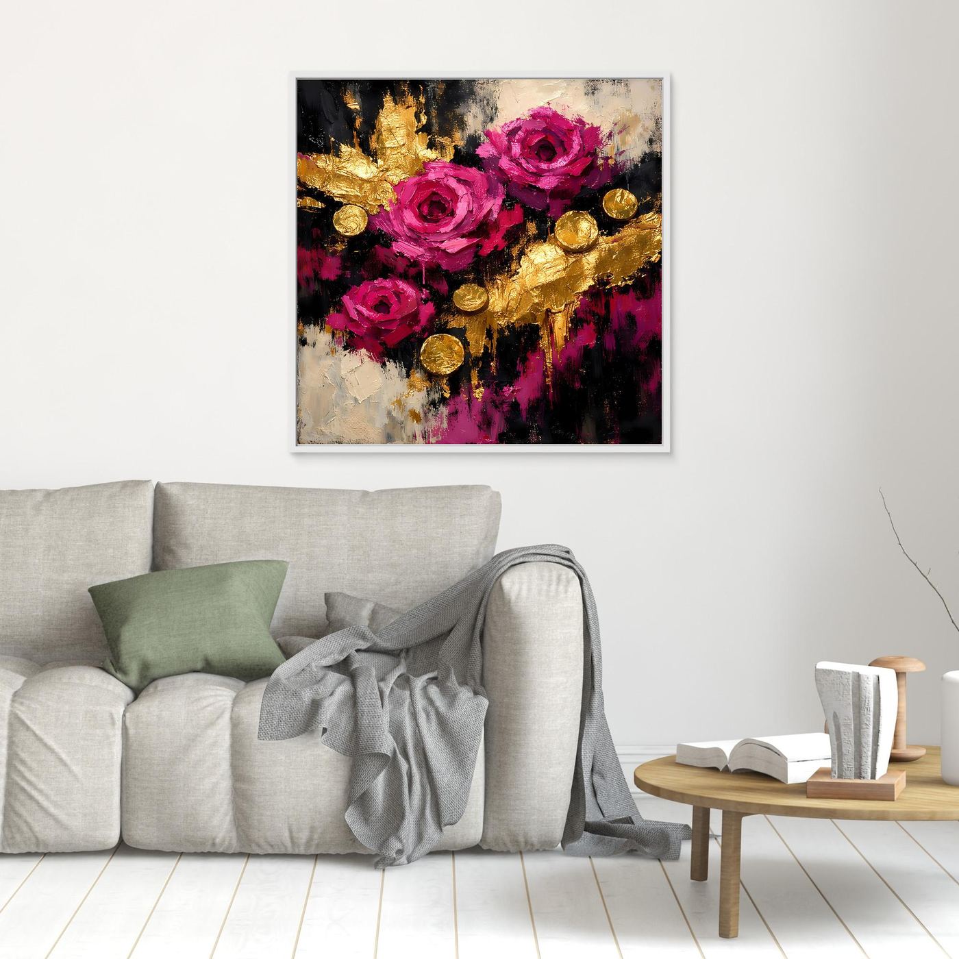 Leinwand Elegante Rosen in Magenta | Abstraktes Blumen Wandbild Gold