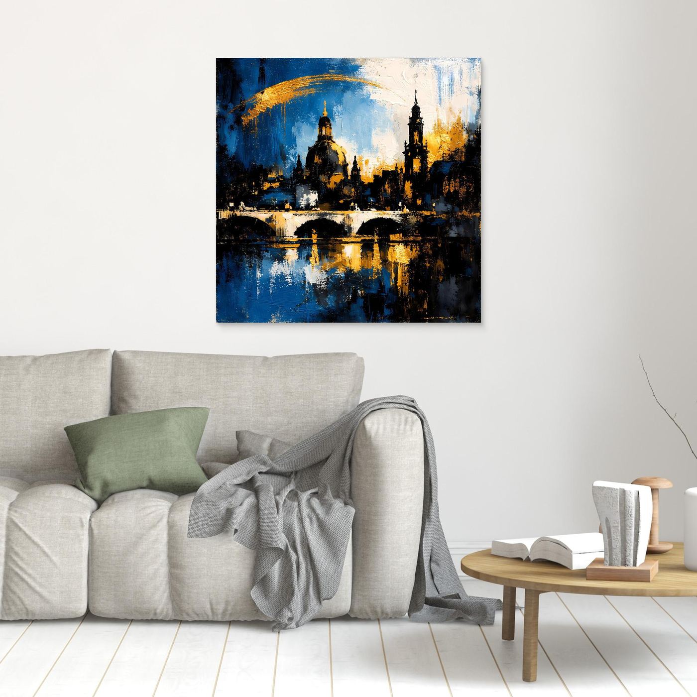 Leinwand-Wandbild mit Skyline in Blau, Gold und Schwarz, schmaler heller Rahmen