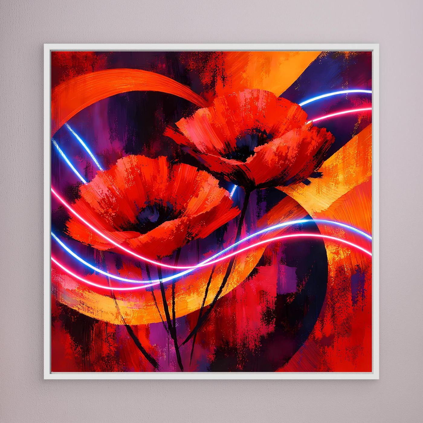 Leinwandbild mit abstrakten roten Mohnblumen und neonfarbenen Lichtbögen, voller Bildausschnitt