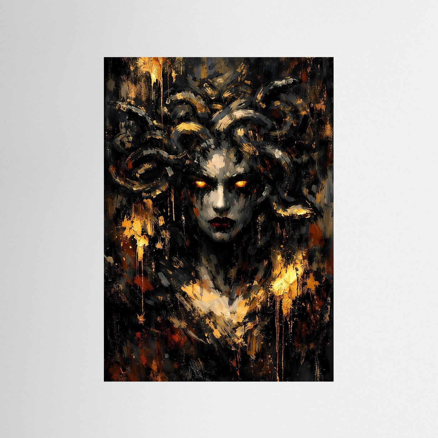 Mythologie-Poster mit Medusa-Porträt im abstrakten Stil, schwarzer Rahmen