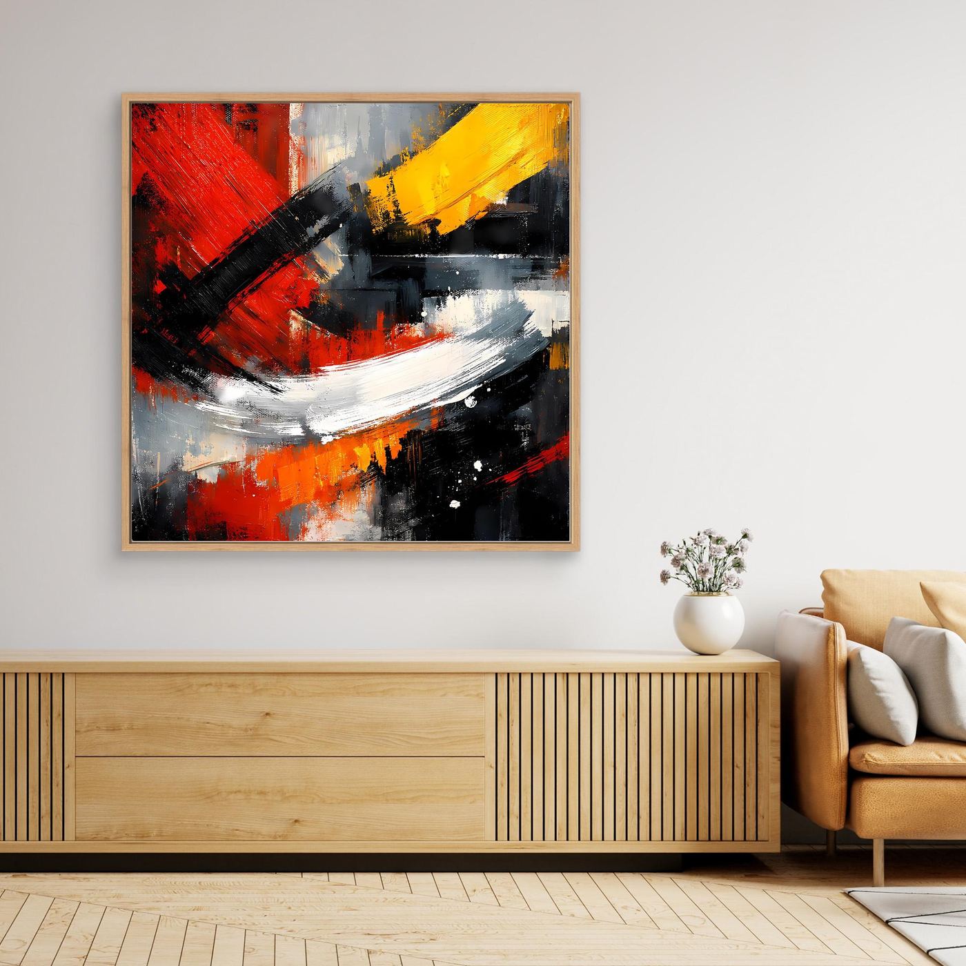 Quadratisches Leinwand-Wandbild mit Holzrahmen: abstrakte Pinselstriche in Rot, Gelb und Schwarz