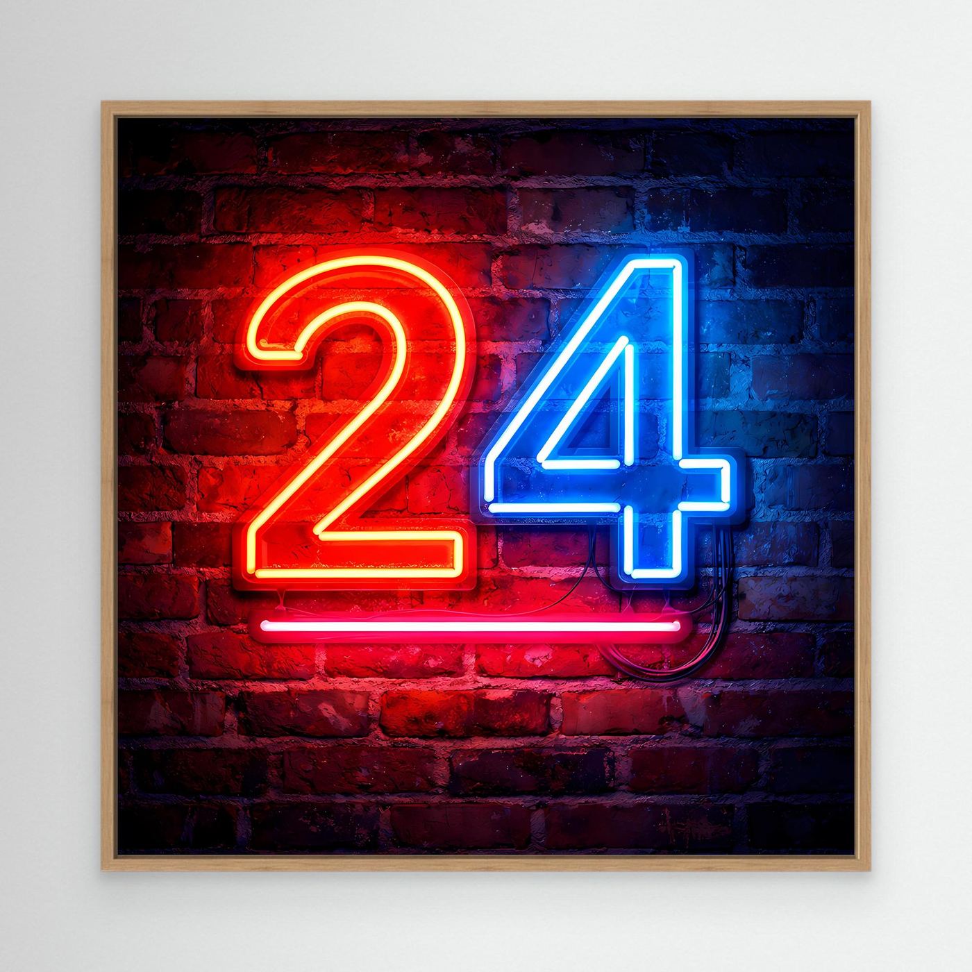 Neon-Wandbild Zahl 24, rot-blau auf Backstein, mit hellem Holzrahmen