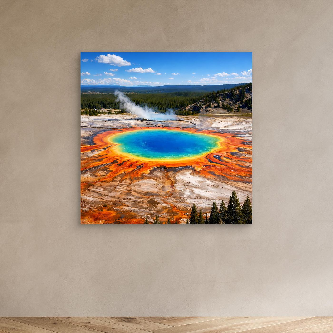 Leinwandbild Grand Prismatic Spring mit blaugrünem Wasserbecken und orangefarbenen Zonen, ohne Rahmen